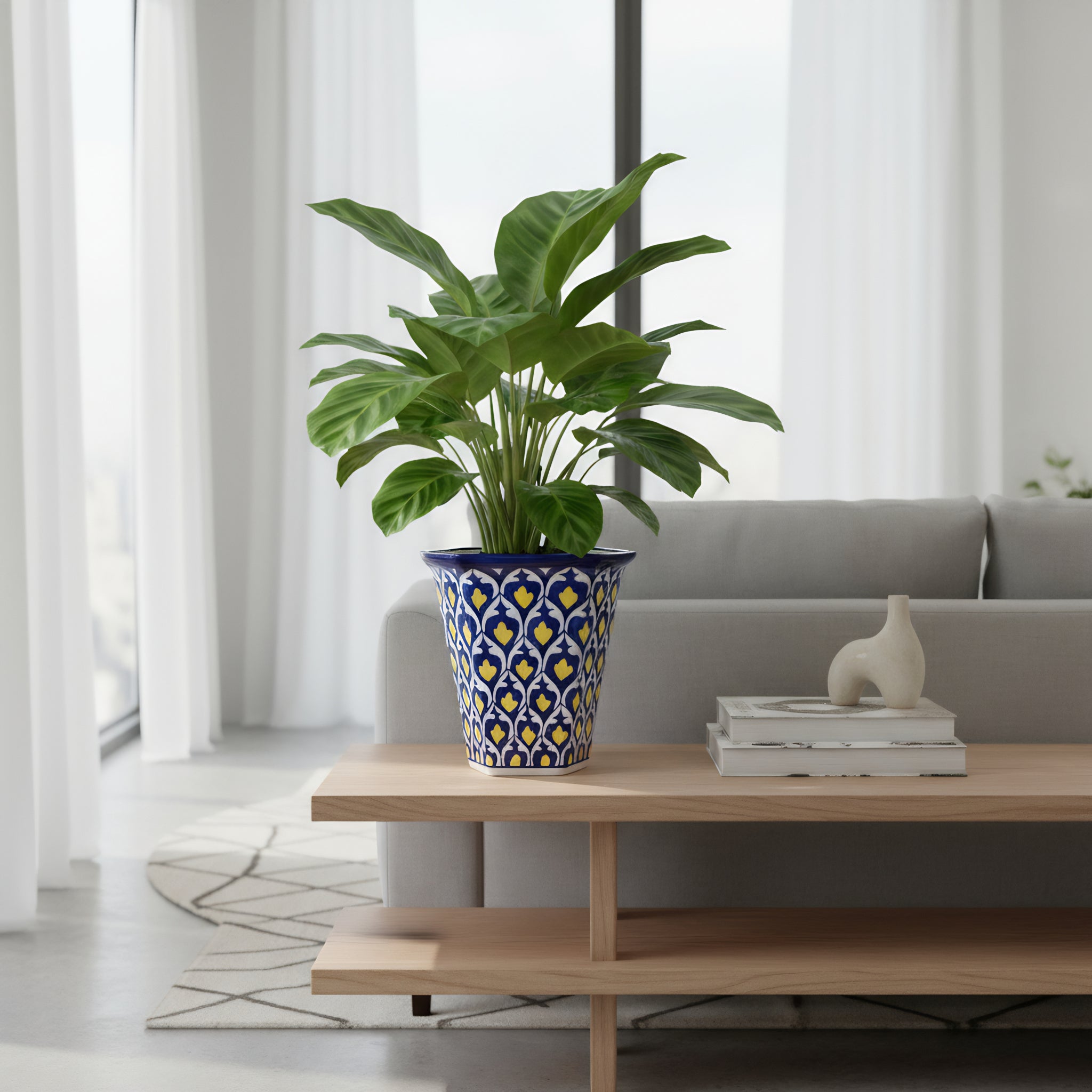 Hexagonal Yellow Heart Blue Pottery Planter – 10 Inch