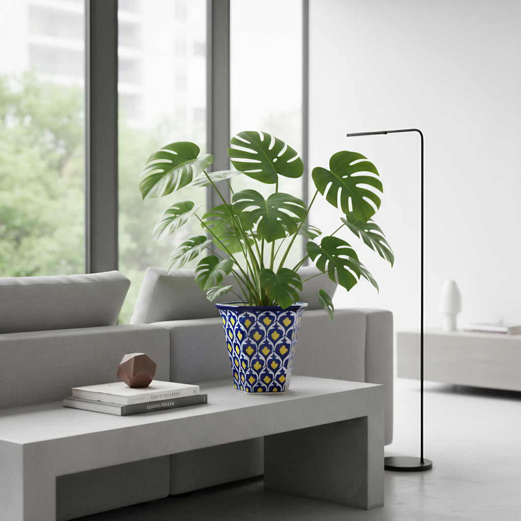 Hexagonal Yellow Heart Blue Pottery Planter – 10 Inch