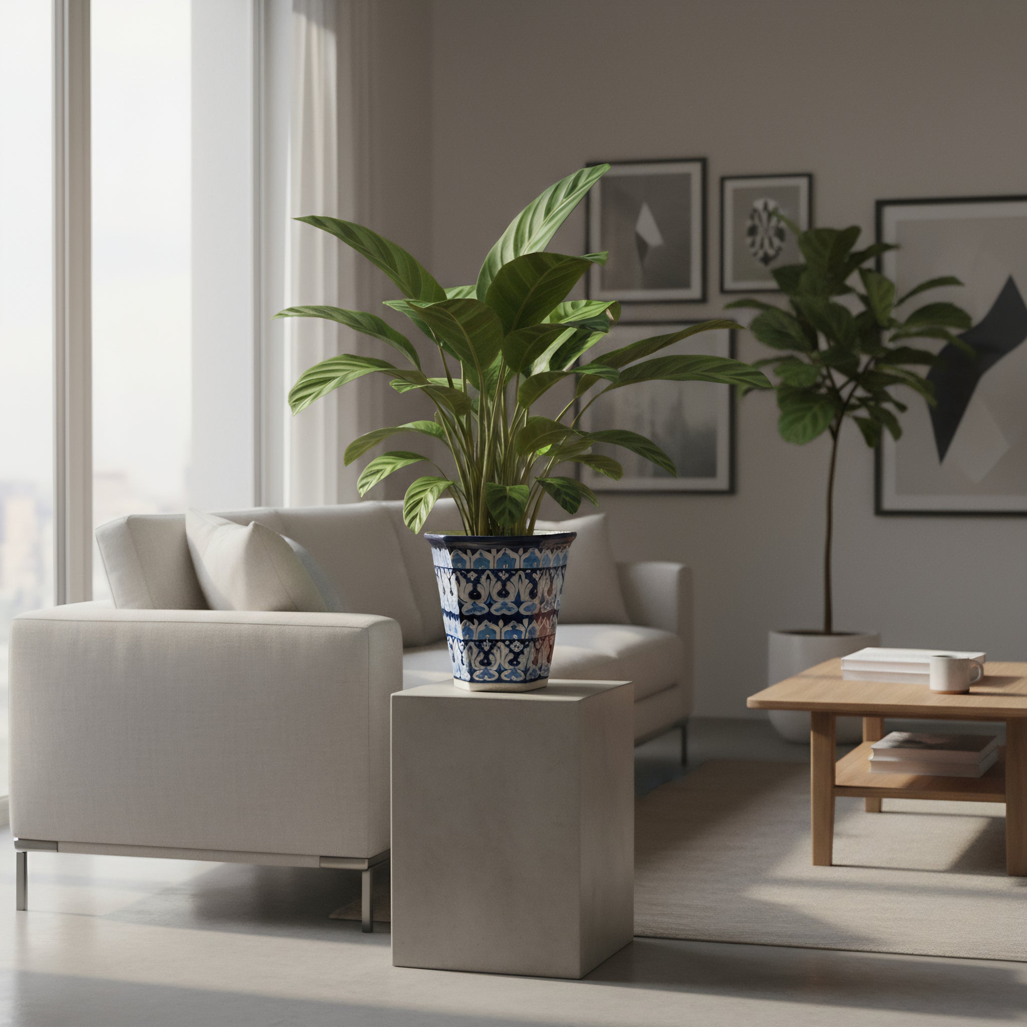 Hexagonal Elephant Parade Blue Pottery Planter – 10 Inch