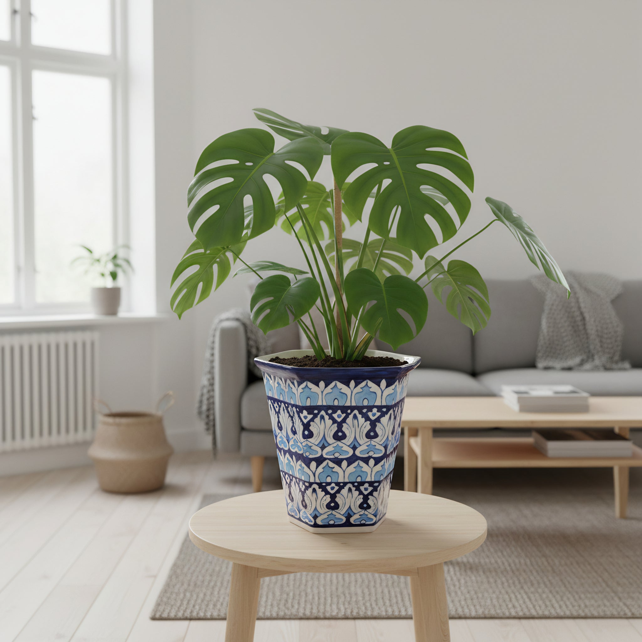 Hexagonal Elephant Parade Blue Pottery Planter – 10 Inch