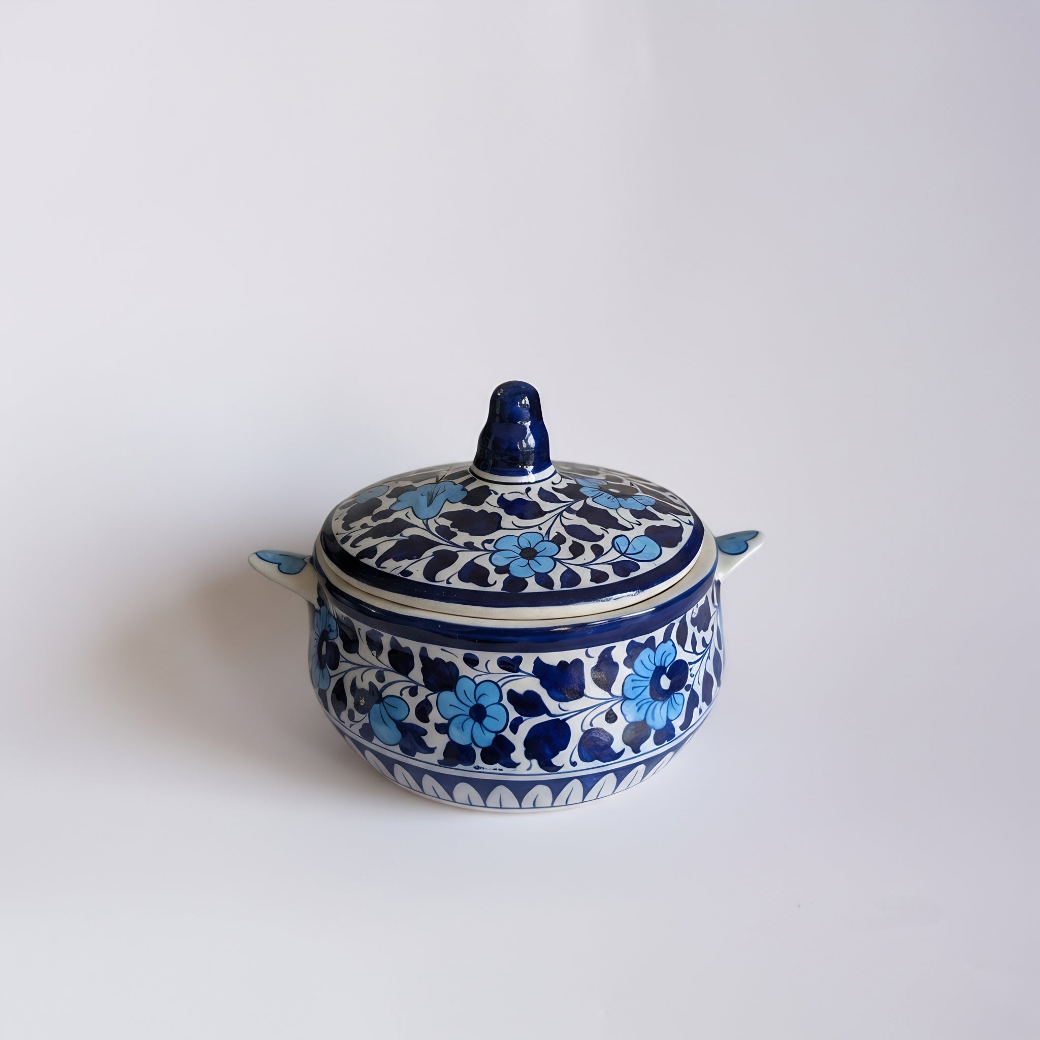 Handmade Blue Pottery Sky-Blue Floral Lidded Serving Pot – 5.5 Inch Ceramic