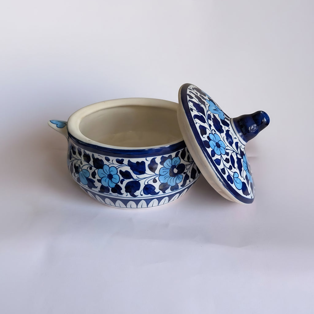 Handmade Blue Pottery Sky-Blue Floral Lidded Serving Pot – 5.5 Inch Ceramic
