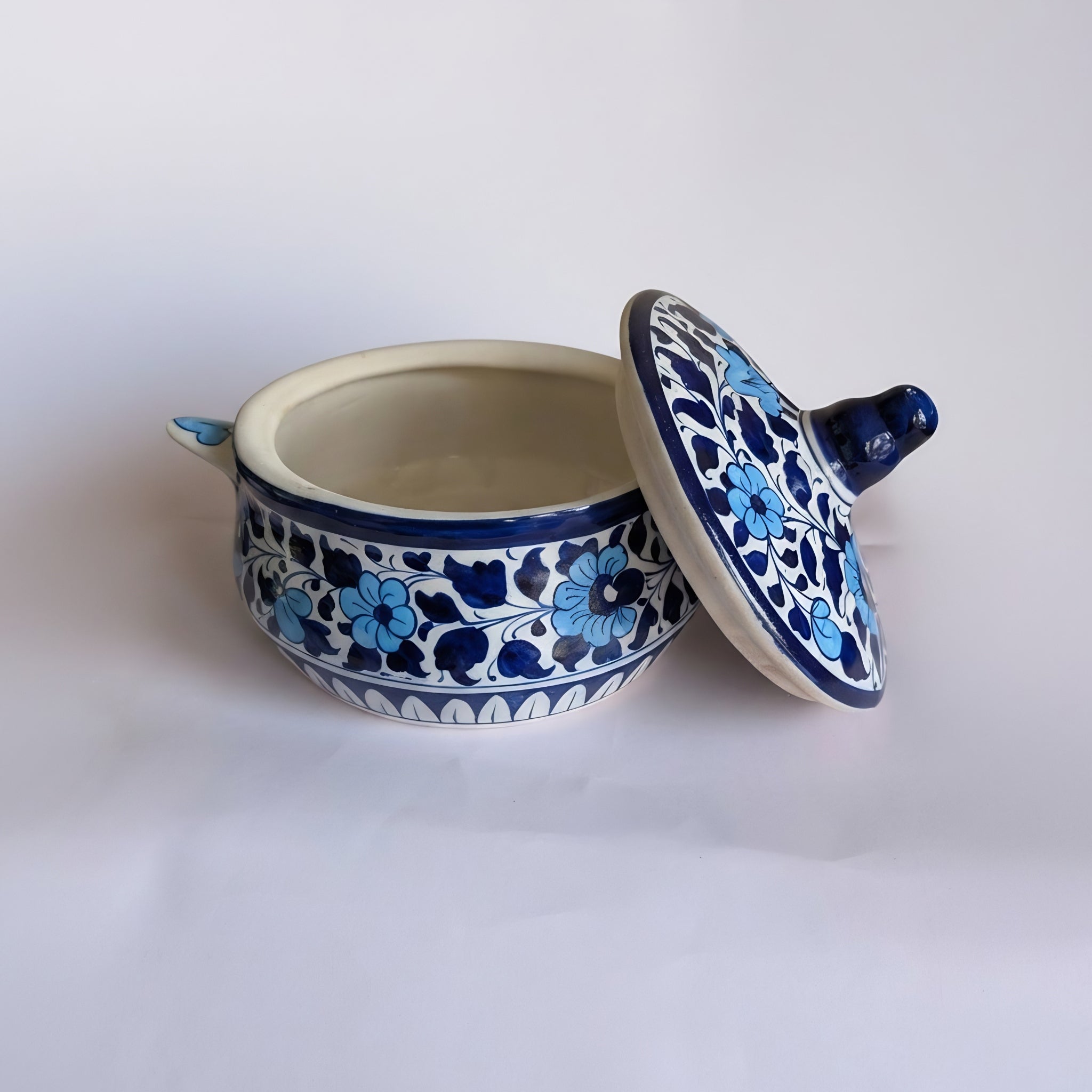 Handmade Blue Pottery Sky-Blue Floral Lidded Serving Pot – 5.5 Inch Ceramic