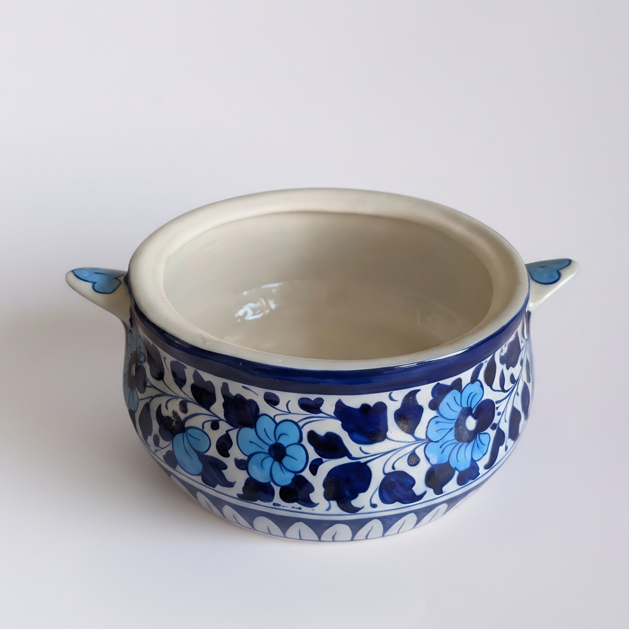 Handmade Blue Pottery Sky-Blue Floral Lidded Serving Pot – 5.5 Inch Ceramic