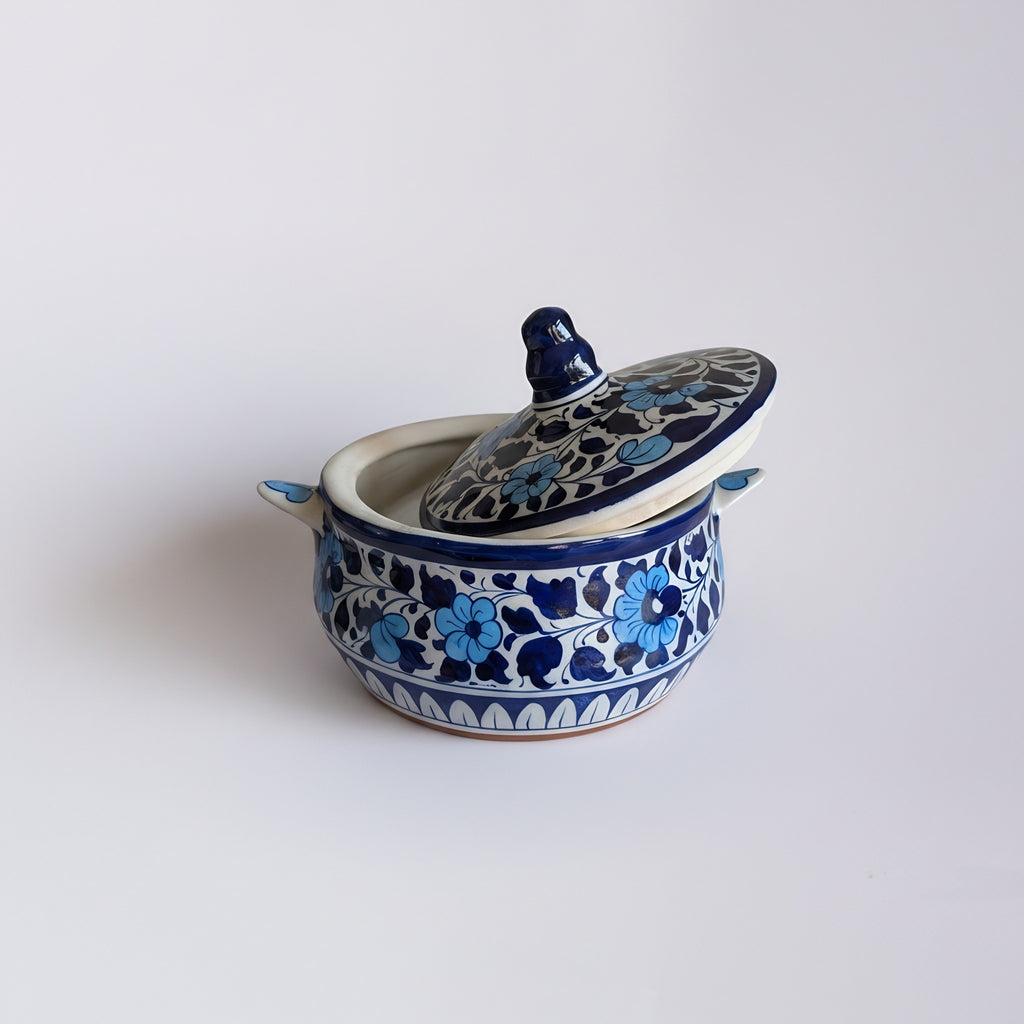 Handmade Blue Pottery Sky-Blue Floral Lidded Serving Pot – 5.5 Inch Ceramic