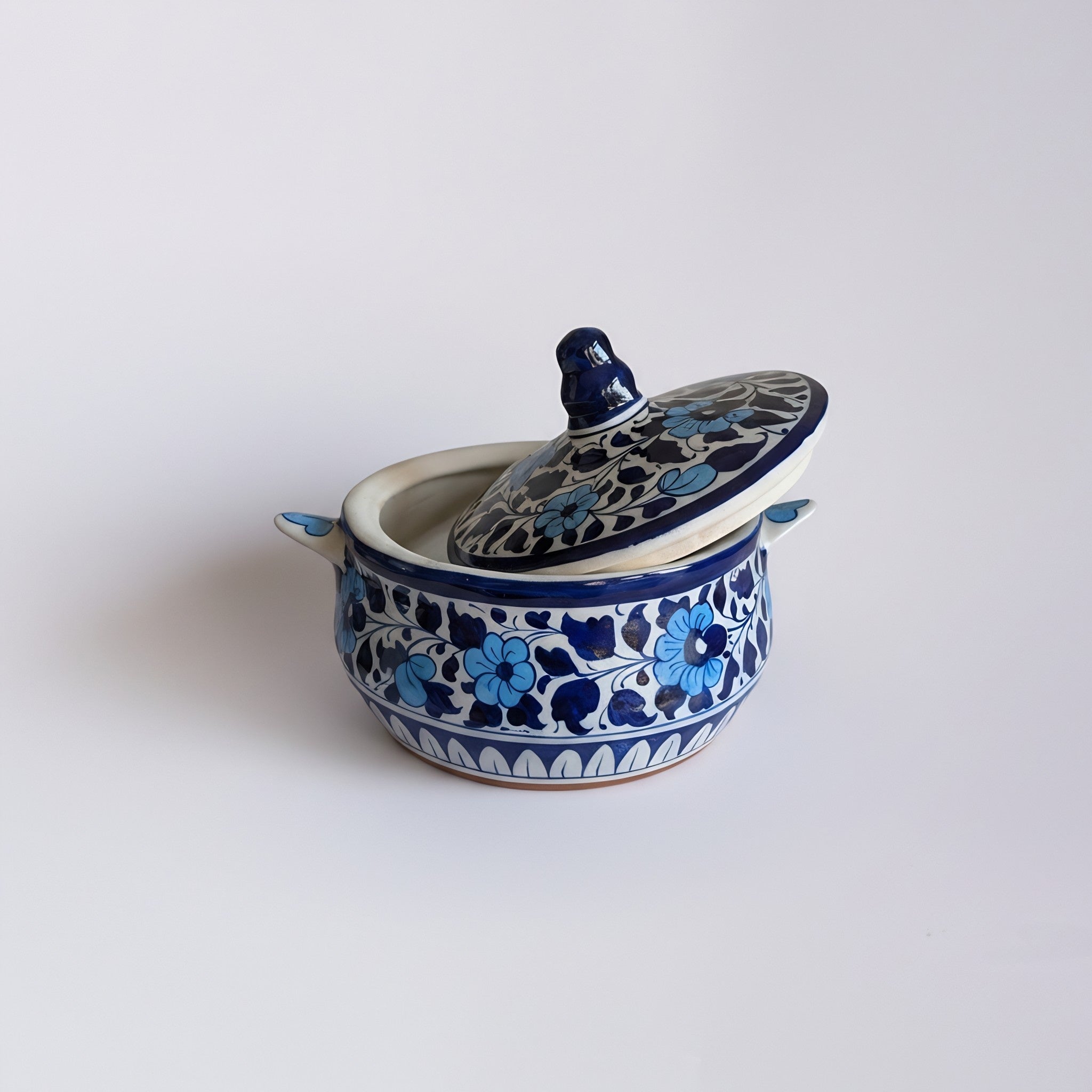 Handmade Blue Pottery Sky-Blue Floral Lidded Serving Pot – 5.5 Inch Ceramic