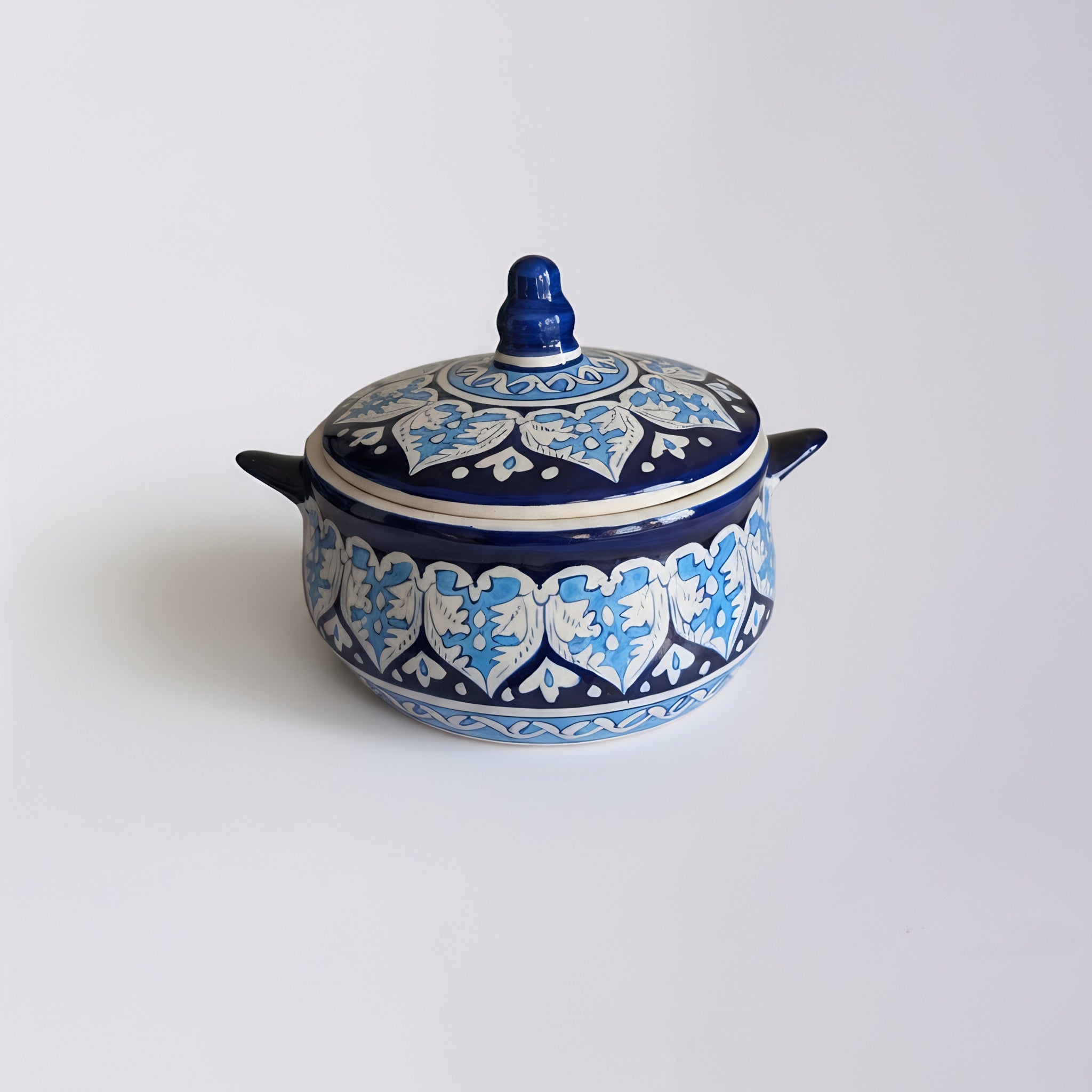 Handmade Blue Pottery Tulip Design Lidded Serving Pot – 5.5 Inch Ceramic