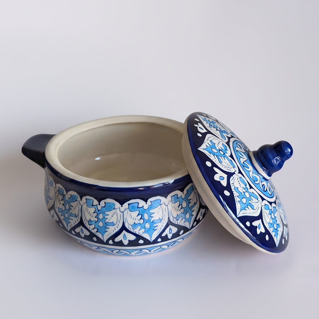 Handmade Blue Pottery Tulip Design Lidded Serving Pot – 5.5 Inch Ceramic