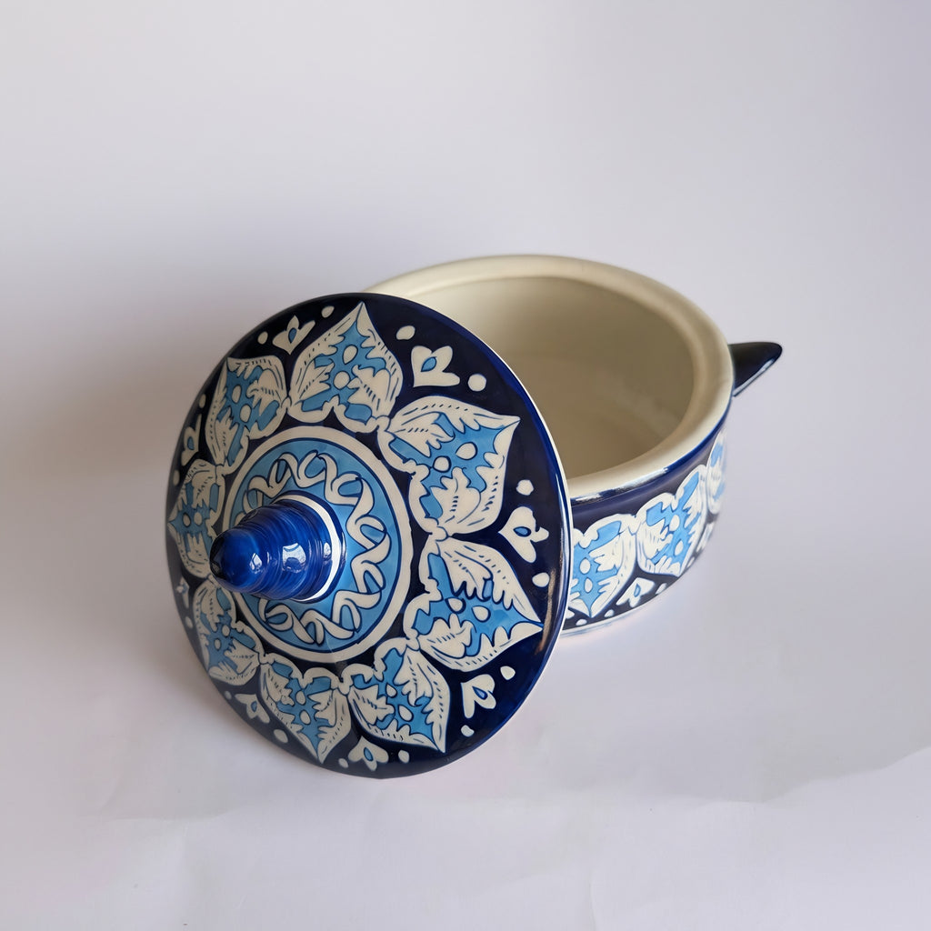 Handmade Blue Pottery Tulip Design Lidded Serving Pot – 5.5 Inch Ceramic
