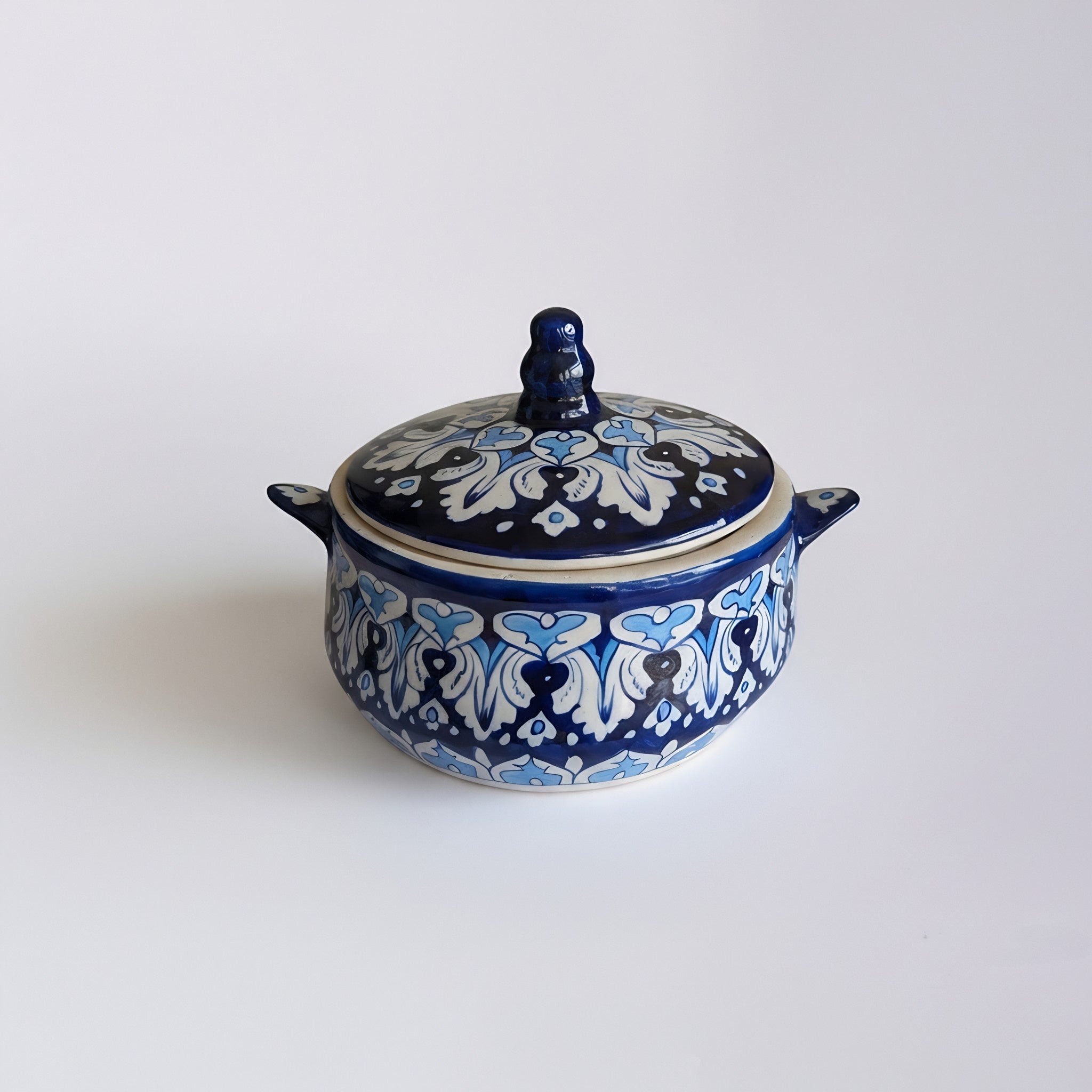Handmade Blue Pottery Midnight Blue Lotus Lidded Serving Pot – 5.5 Inch Ceramic