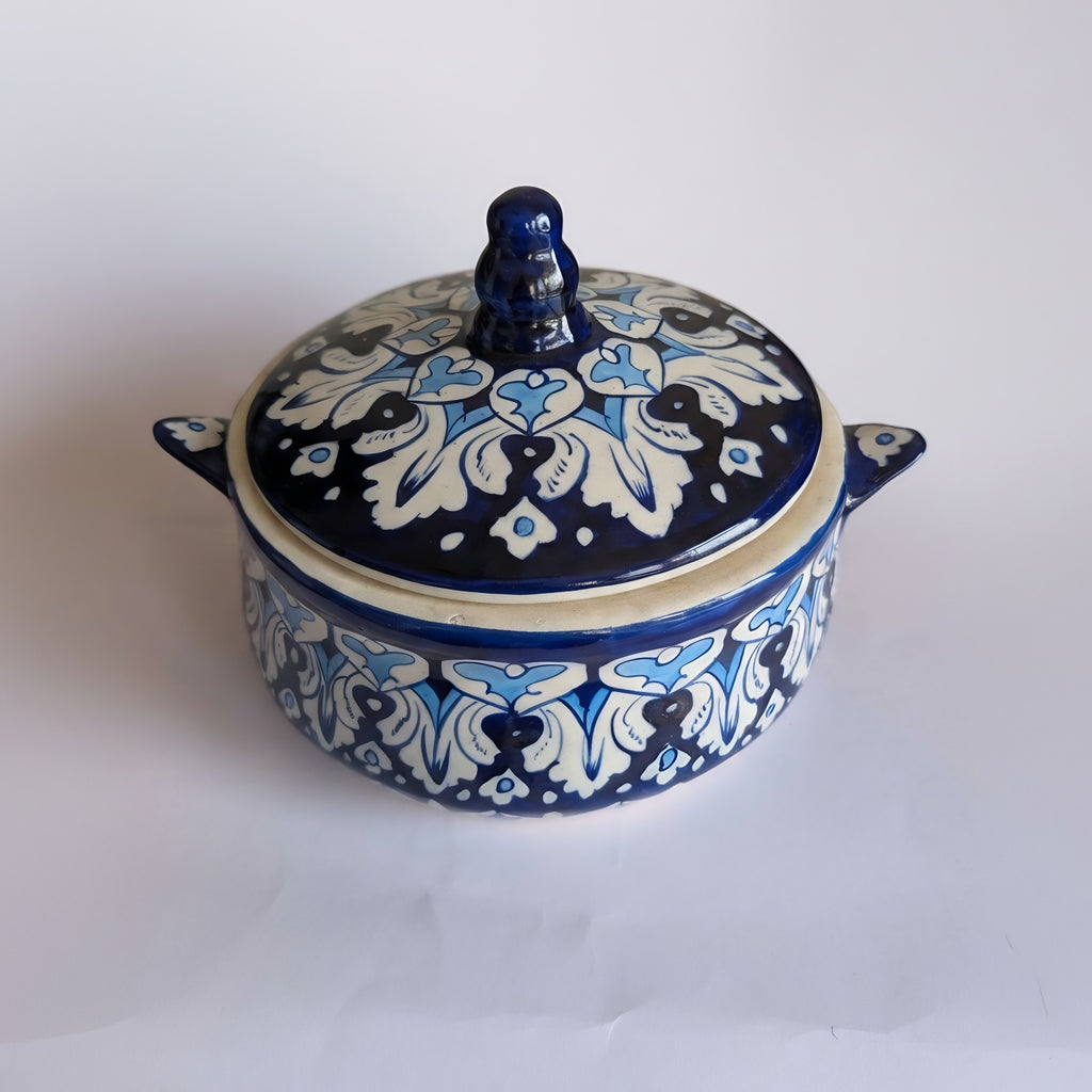 Multani blue pottery lotus serving pot with decorative lid — handmade ceramic — Craftan Pakistan