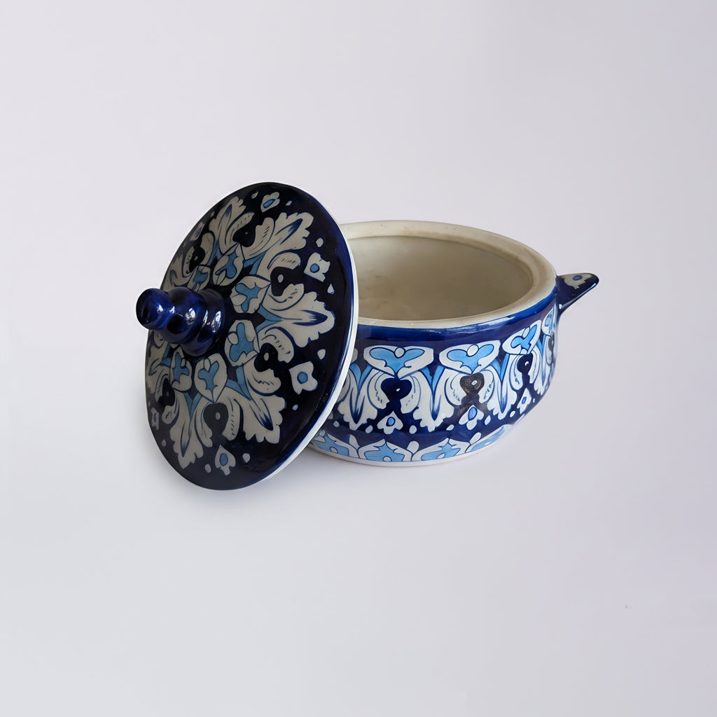 Pakistani handmade midnight blue ceramic tureen with intricate lotus pattern detailing — Craftan Pakistan