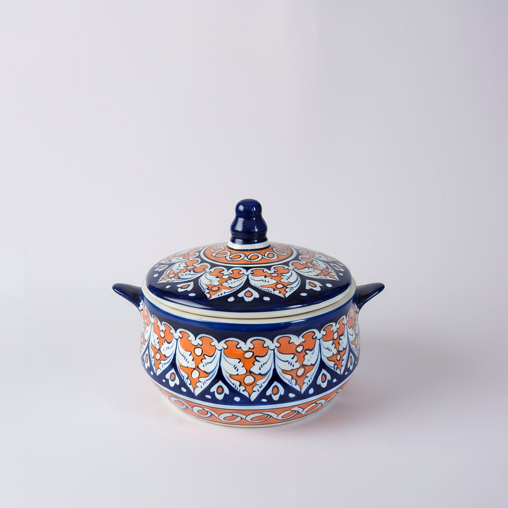 Handmade Blue Pottery Floral Lidded Serving Pot — Multani ceramic — Craftan Pakistan