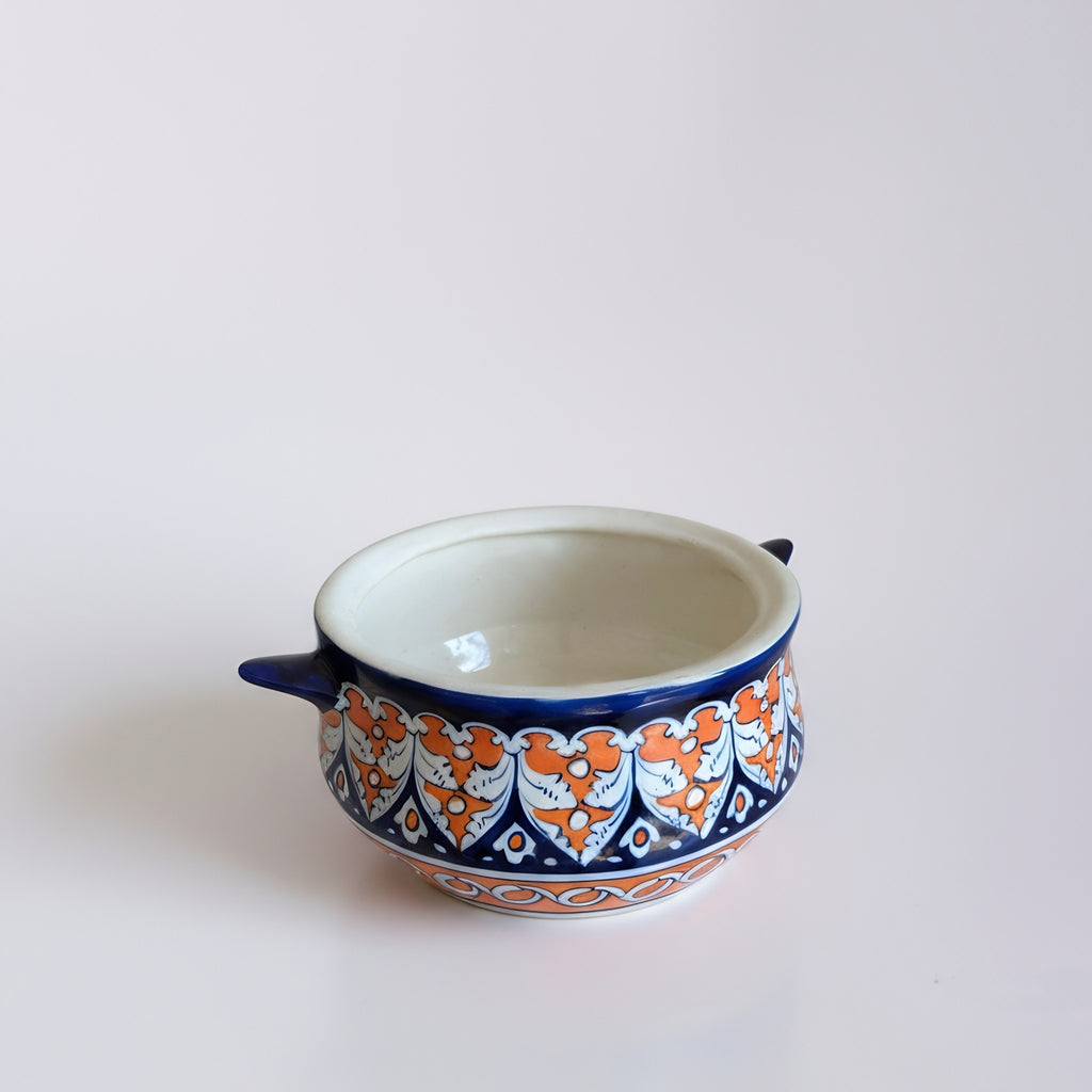 Blue pottery serving pot with intricate floral patterns — handmade ceramic — Craftan Pakistan
