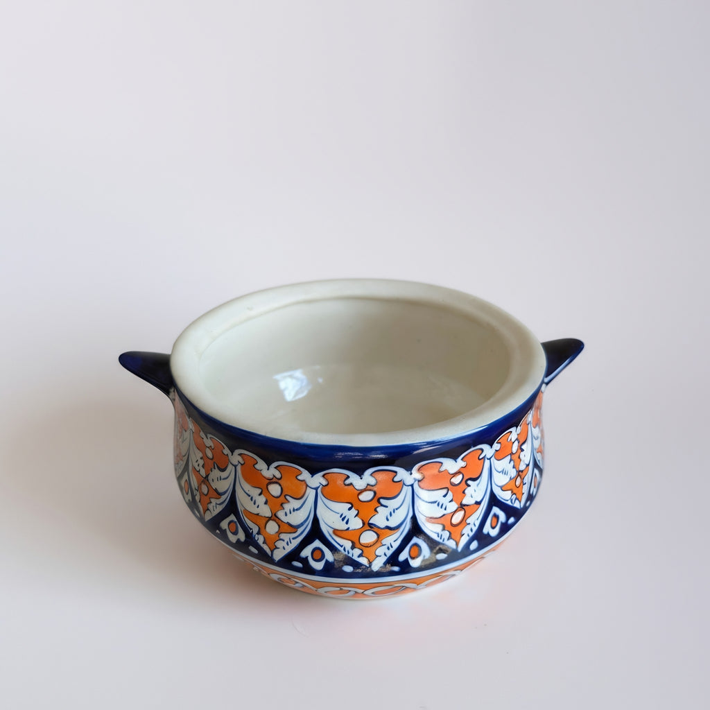 Ceramic serving pot featuring hand-painted blue floral designs — Multani pottery — Craftan Pakistan