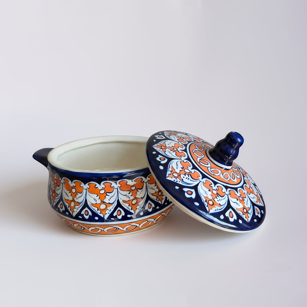 Multani blue pottery lidded tureen with traditional motifs — Pakistani handicraft — Craftan Pakistan