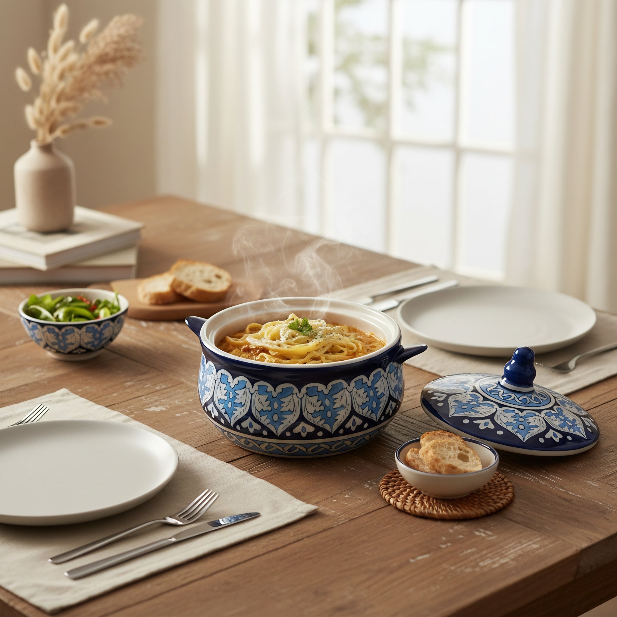 Handmade Blue Pottery Tulip Design Lidded Serving Pot – 5.5 Inch Ceramic