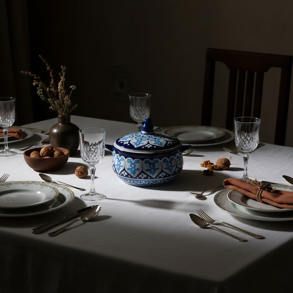 Handmade Blue Pottery Tulip Design Lidded Serving Pot – 5.5 Inch Ceramic