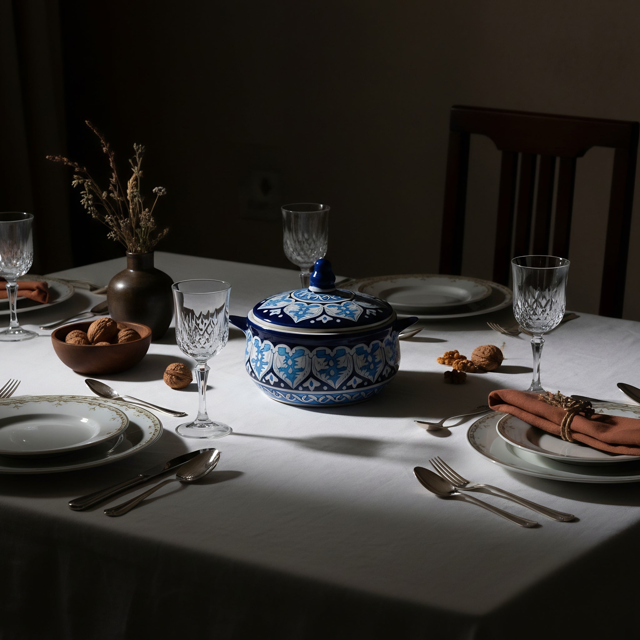 Handmade Blue Pottery Tulip Design Lidded Serving Pot – 5.5 Inch Ceramic