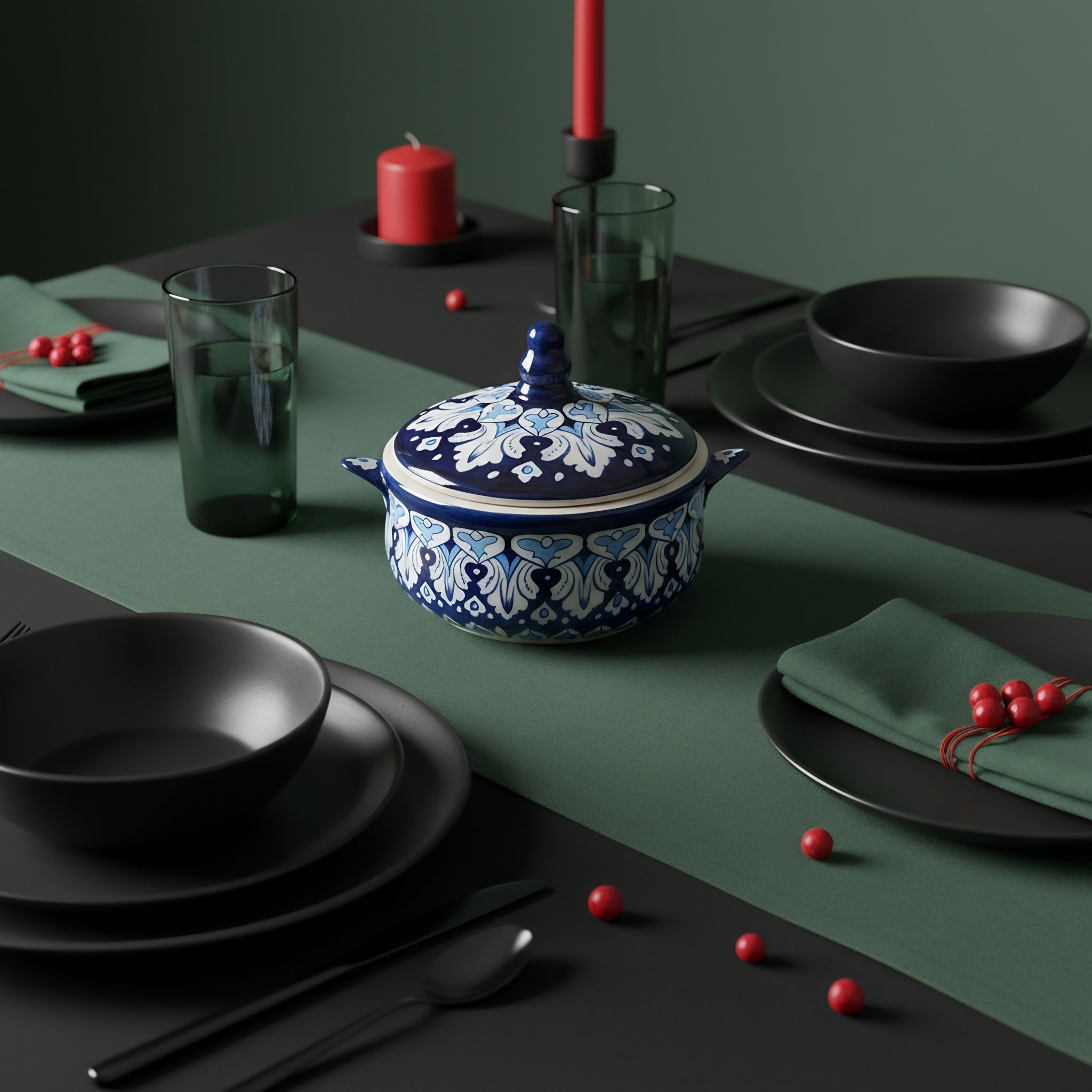 Pakistani artisan crafted ceramic tureen with midnight blue lotus pattern — blue pottery — Craftan Pakistan