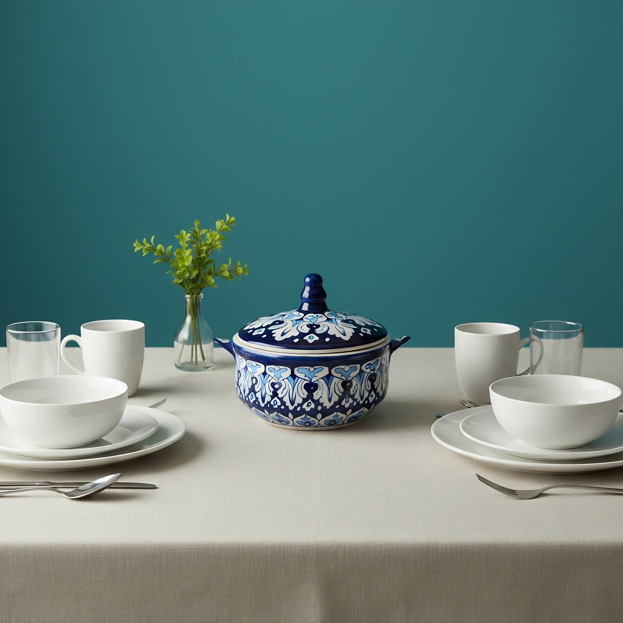 Blue pottery ceramic curry server with traditional Pakistani lotus design — handmade — Craftan Pakistan