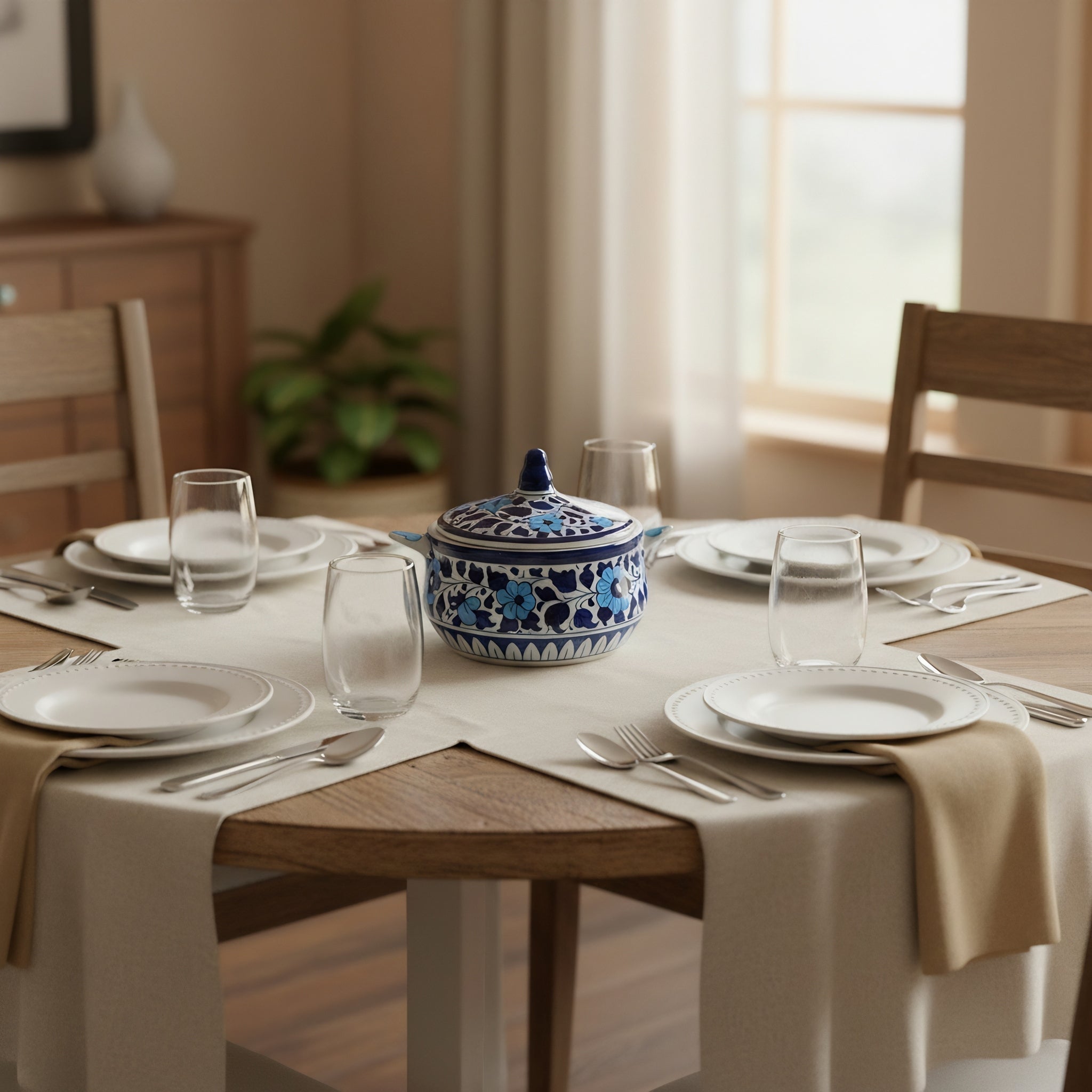 Handmade Blue Pottery Sky-Blue Floral Lidded Serving Pot – 5.5 Inch Ceramic