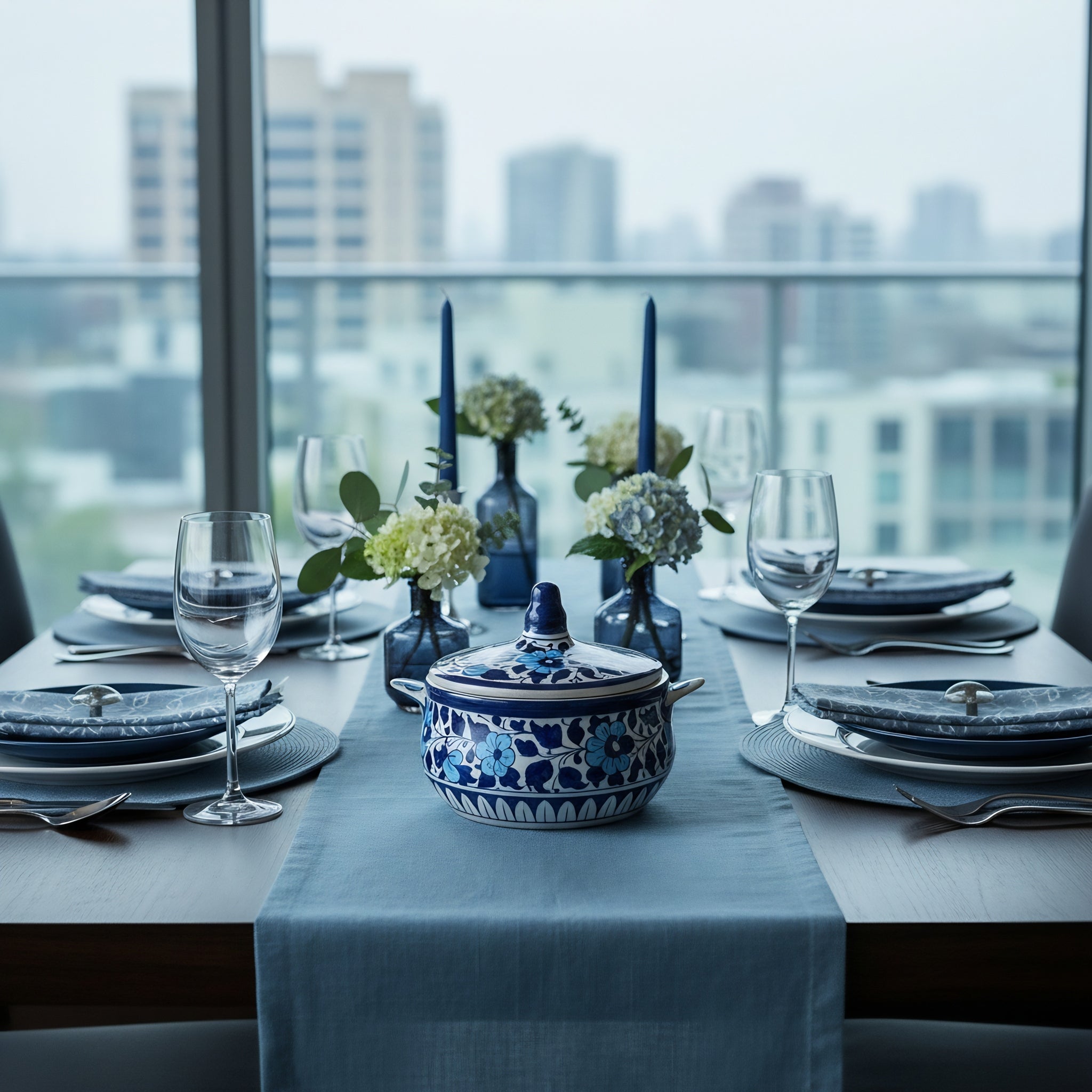 Handmade Blue Pottery Sky-Blue Floral Lidded Serving Pot – 5.5 Inch Ceramic