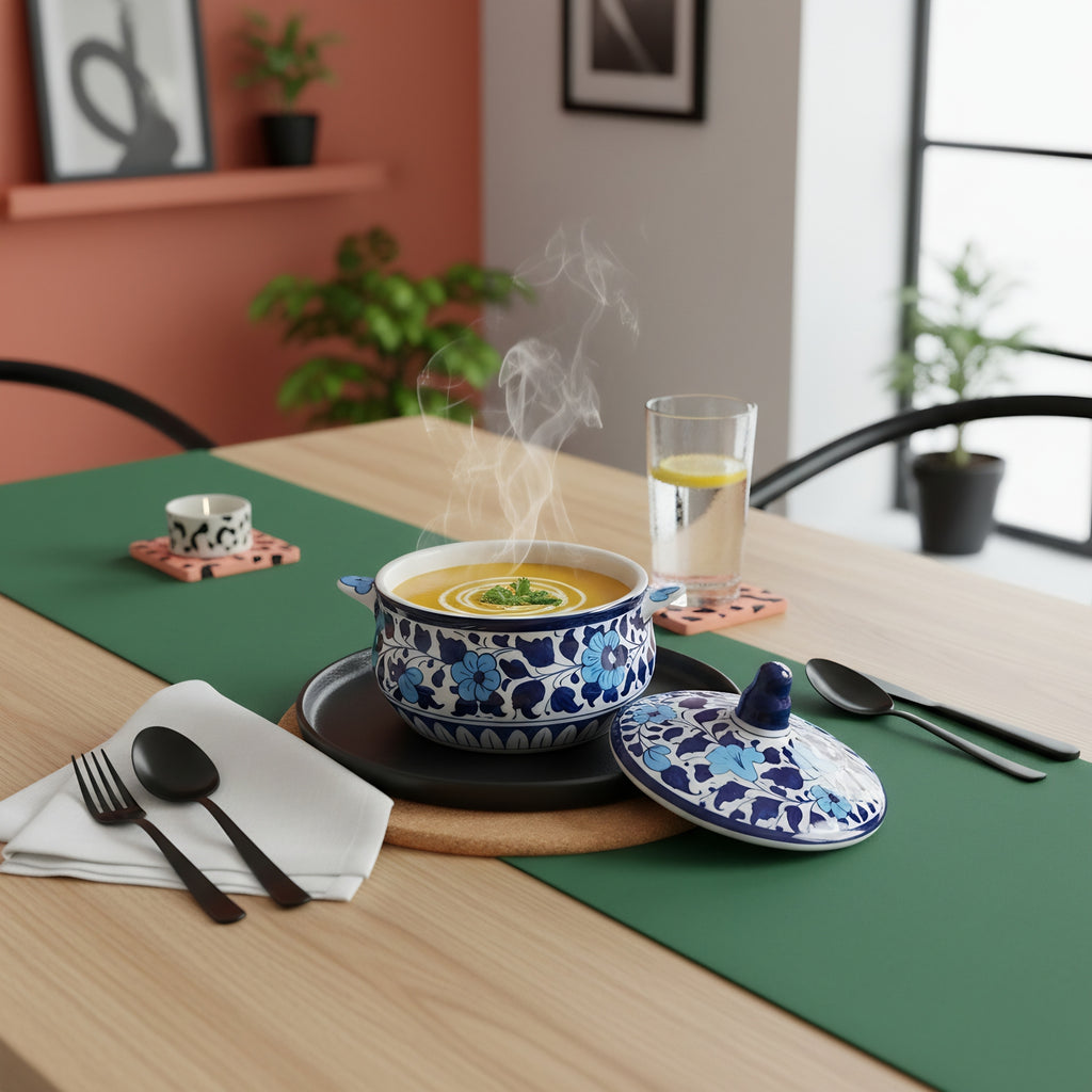 Handmade Blue Pottery Sky-Blue Floral Lidded Serving Pot – 5.5 Inch Ceramic