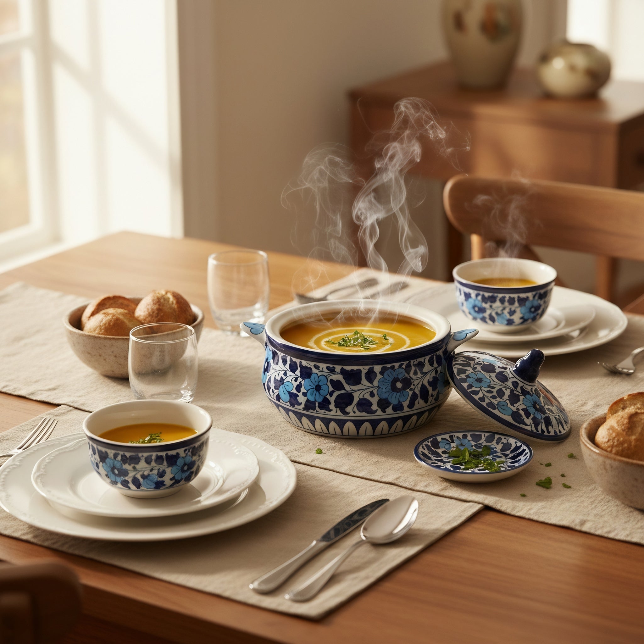 Handmade Blue Pottery Sky-Blue Floral Lidded Serving Pot – 5.5 Inch Ceramic