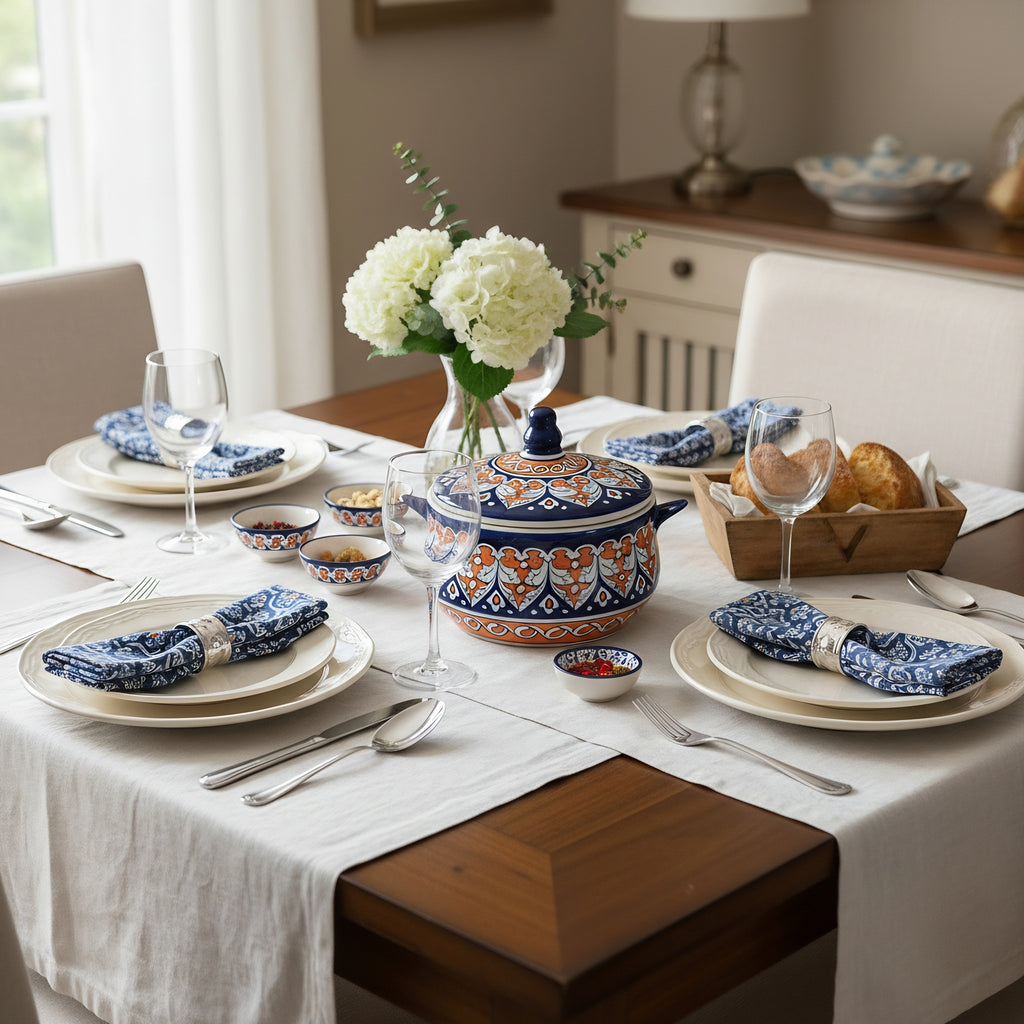 Traditional blue pottery curry server with decorative lid — handmade ceramic — Craftan Pakistan