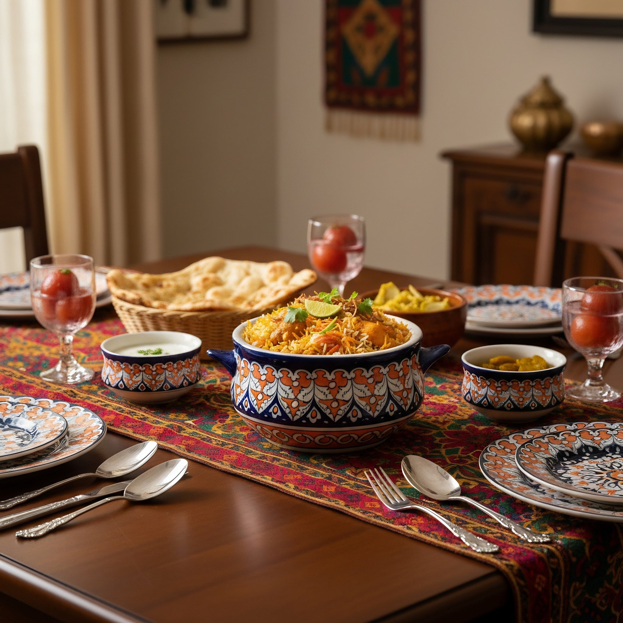 Floral patterned Multani pottery serving bowl with matching lid — Pakistani craft — Craftan Pakistan