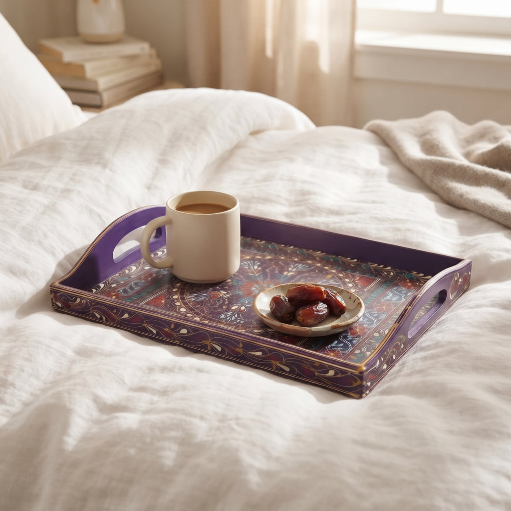 Indigo Swati Wooden Tray - 12x15 Inch Hand-Painted Rectangular Serving Tray