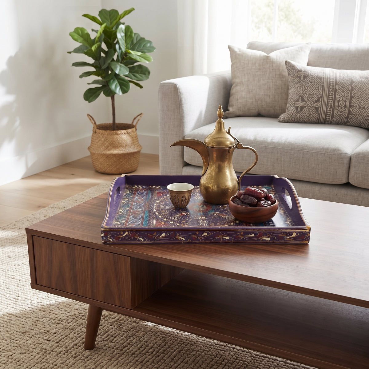 Indigo Swati Wooden Tray - 12x15 Inch Hand-Painted Rectangular Serving Tray