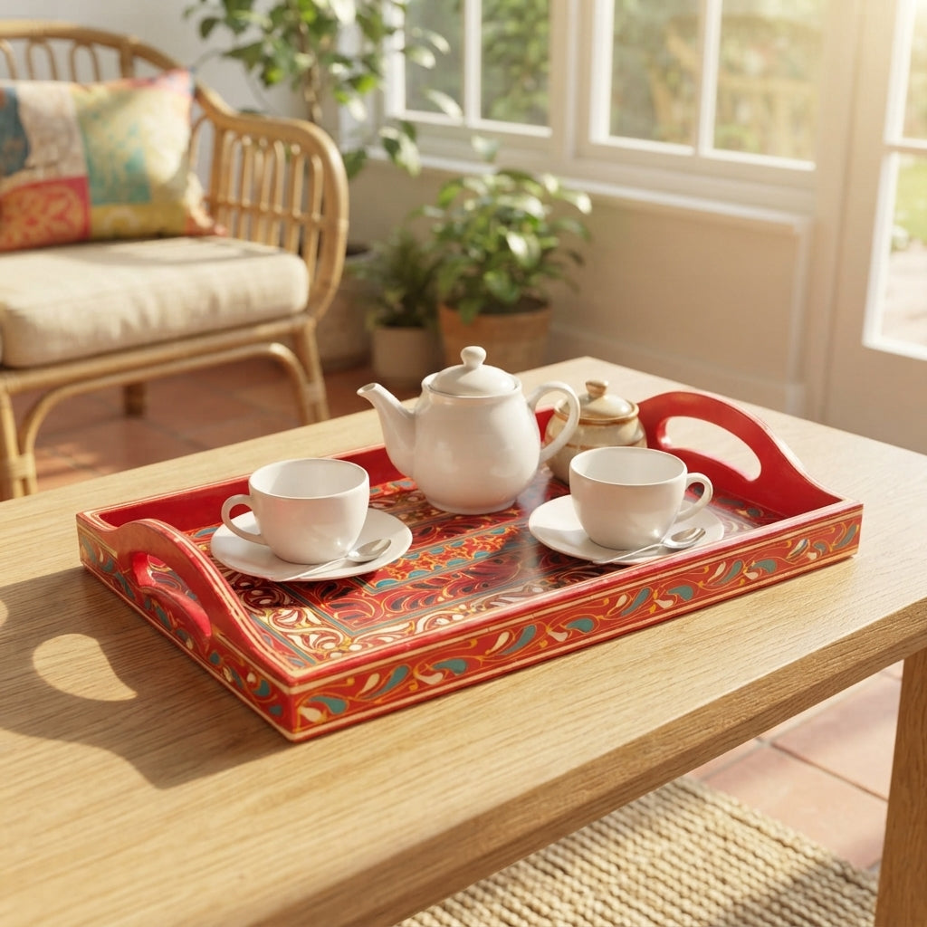 Red Swati Wooden Tray - 8x12 Inch Hand-Painted Banded Scroll Tray
