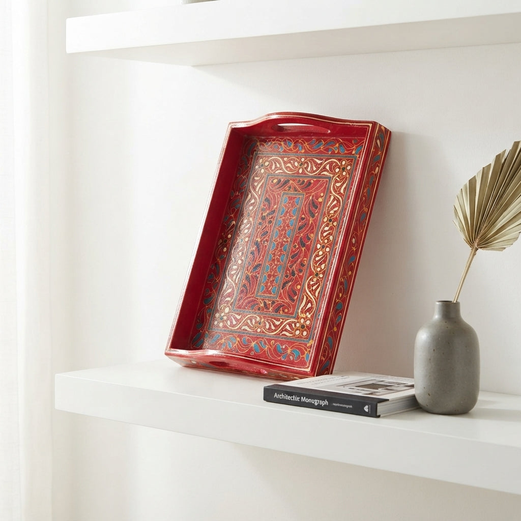 Red Swati Wooden Tray - 8x12 Inch Hand-Painted Banded Scroll Tray