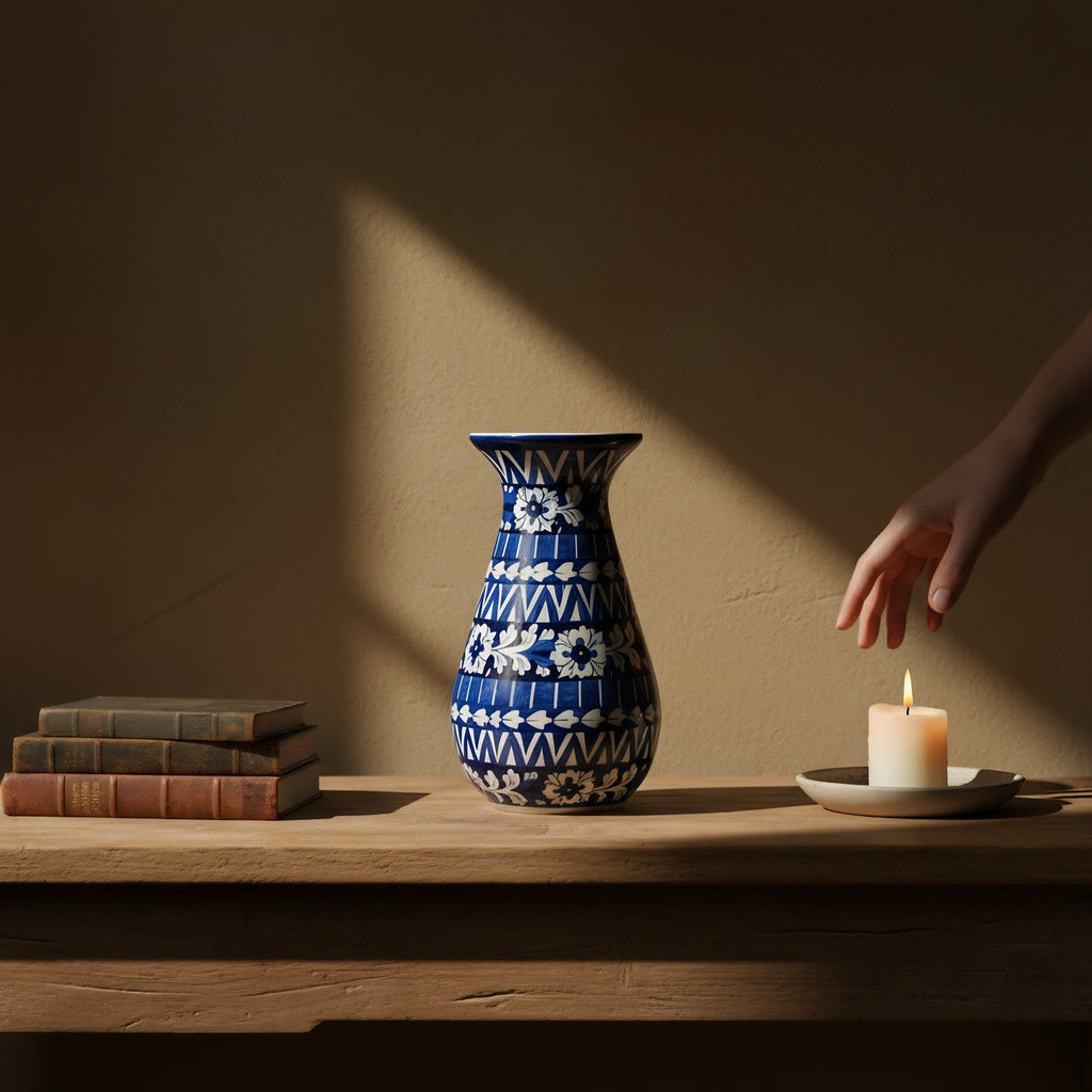 12-Inch Blue Pottery Round Bottom Vase – Hand-Painted Ceramic Decor