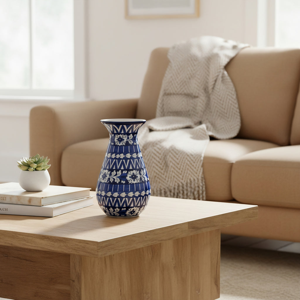 12-Inch Blue Pottery Round Bottom Vase – Hand-Painted Ceramic Decor