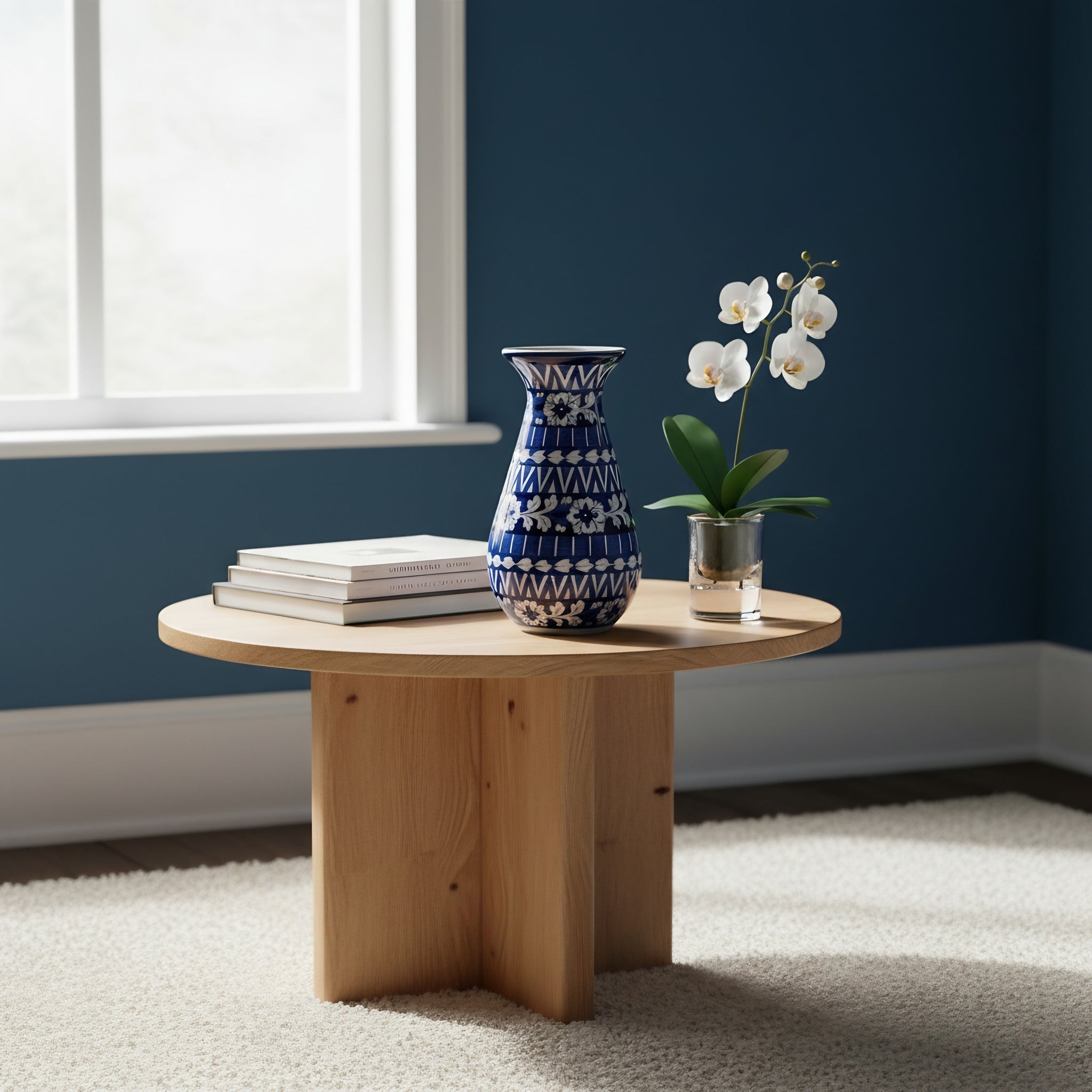 12-Inch Blue Pottery Round Bottom Vase – Hand-Painted Ceramic Decor