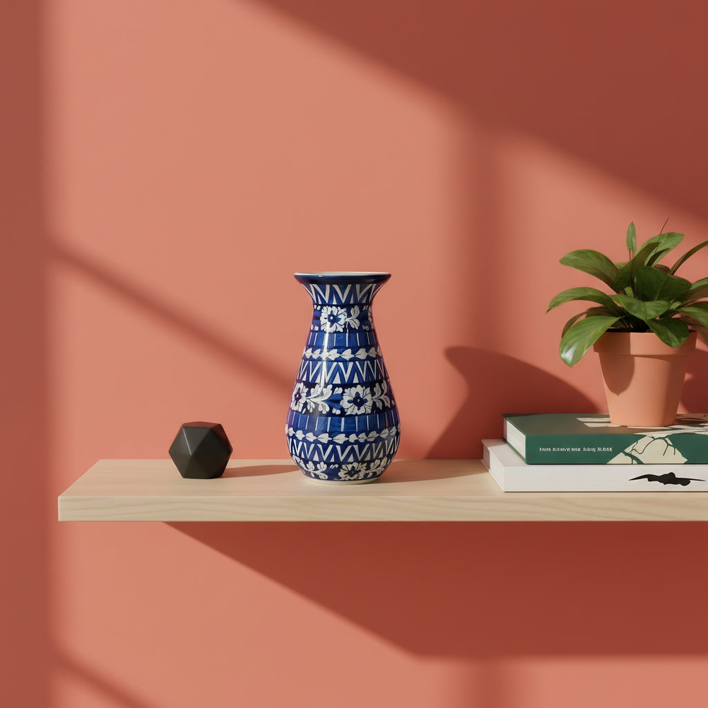 12-Inch Blue Pottery Round Bottom Vase – Hand-Painted Ceramic Decor