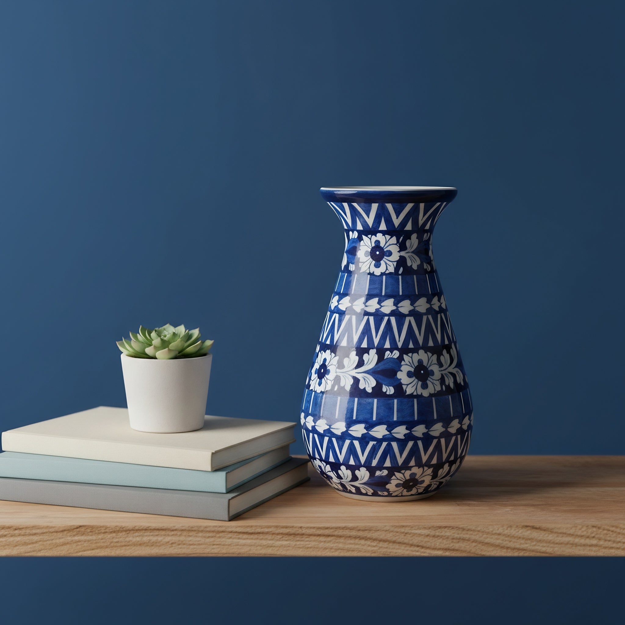 12-Inch Blue Pottery Round Bottom Vase – Hand-Painted Ceramic Decor