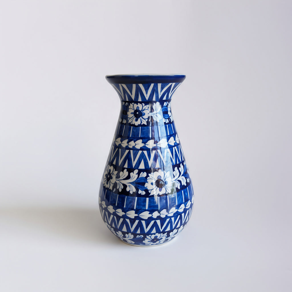 12-Inch Blue Pottery Round Bottom Vase – Hand-Painted Ceramic Decor