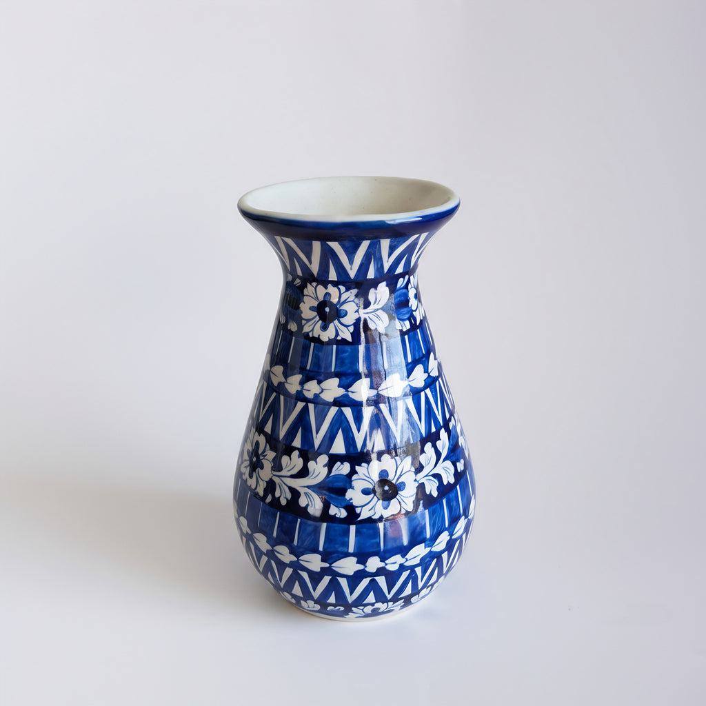 12-Inch Blue Pottery Round Bottom Vase – Hand-Painted Ceramic Decor