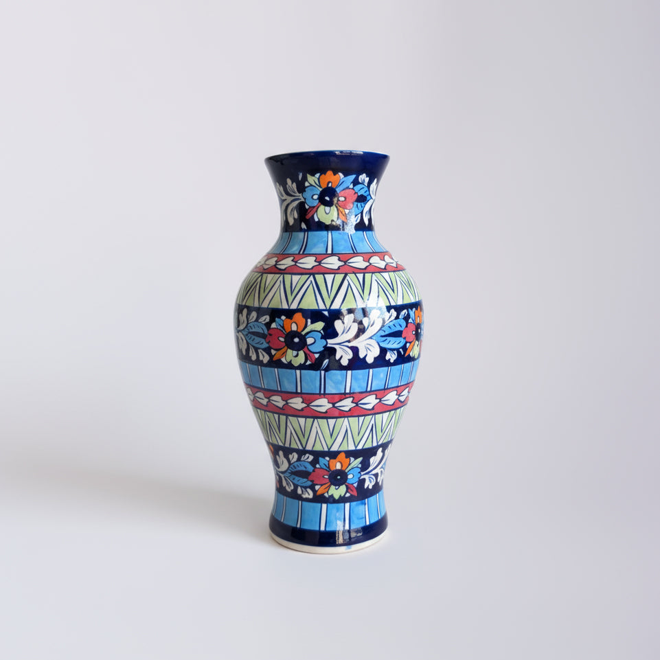 Multicolor Traditional Floral Blue Pottery Vase – 14 Inch