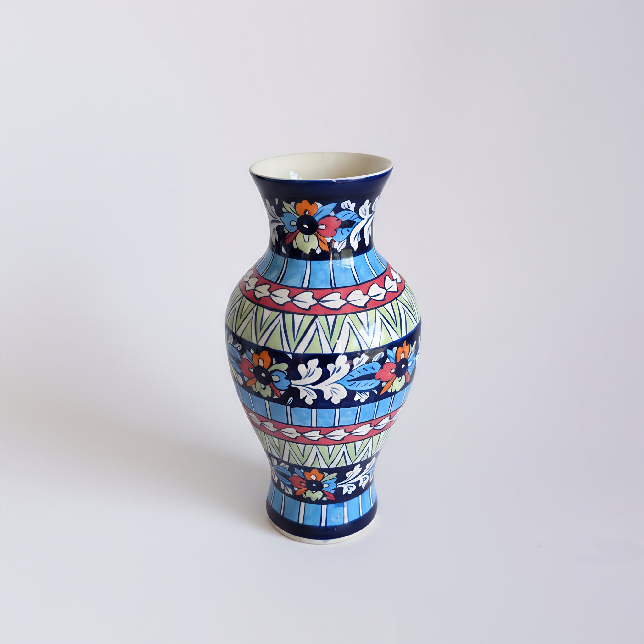 Multicolor Traditional Floral Blue Pottery Vase – 14 Inch