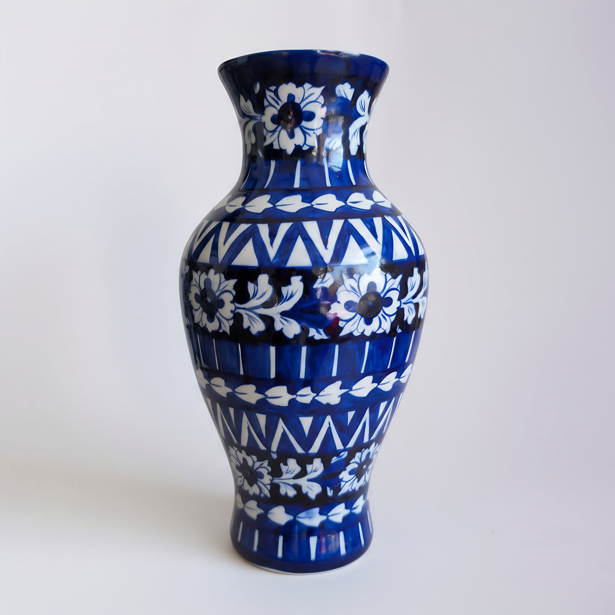 Cobalt Chevron Floral Blue Pottery Vase – 14 Inch