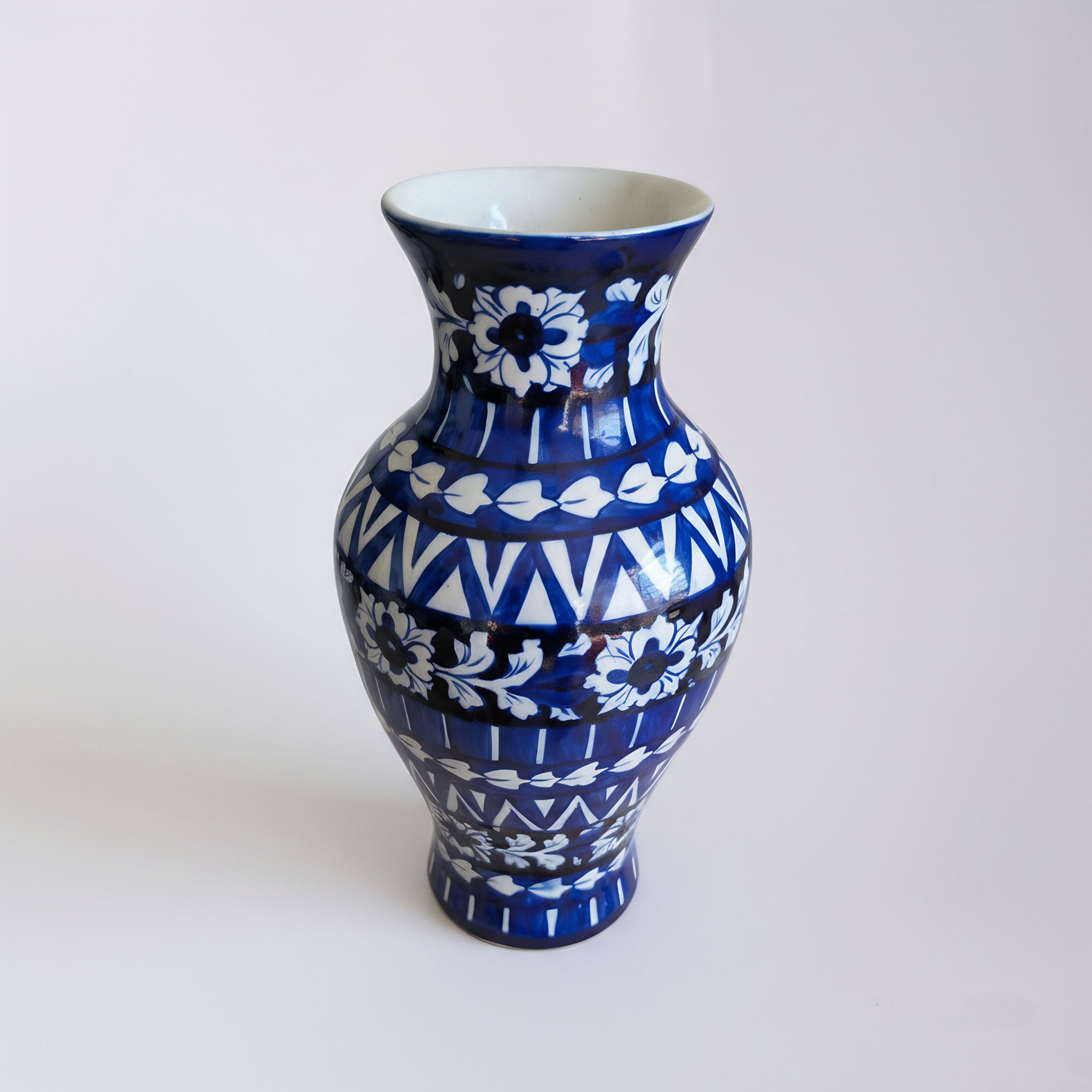 Cobalt Chevron Floral Blue Pottery Vase – 14 Inch
