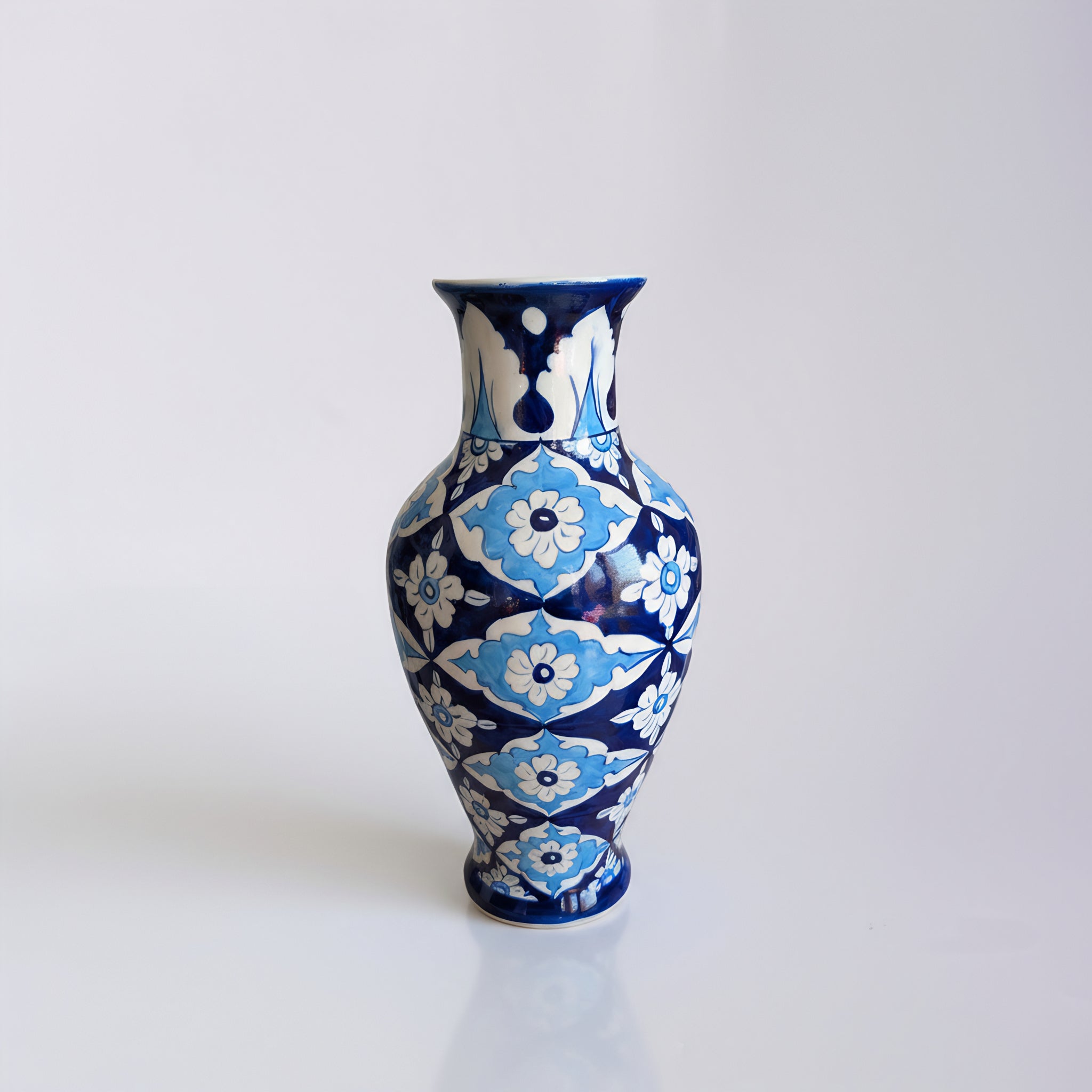 Iznik-Style Floral Blue Pottery Vase – 14 Inch