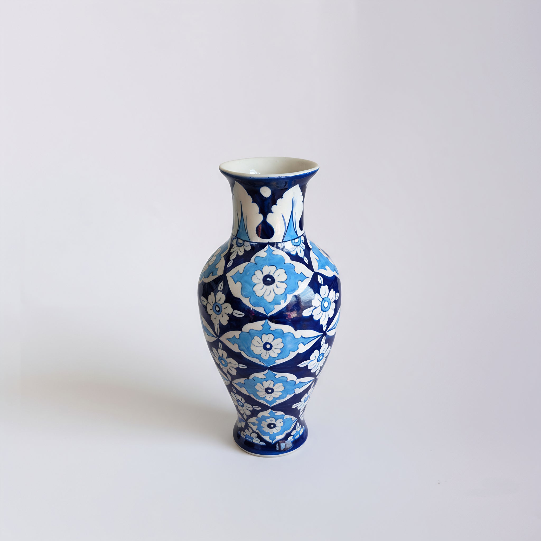 Iznik-Style Floral Blue Pottery Vase – 14 Inch