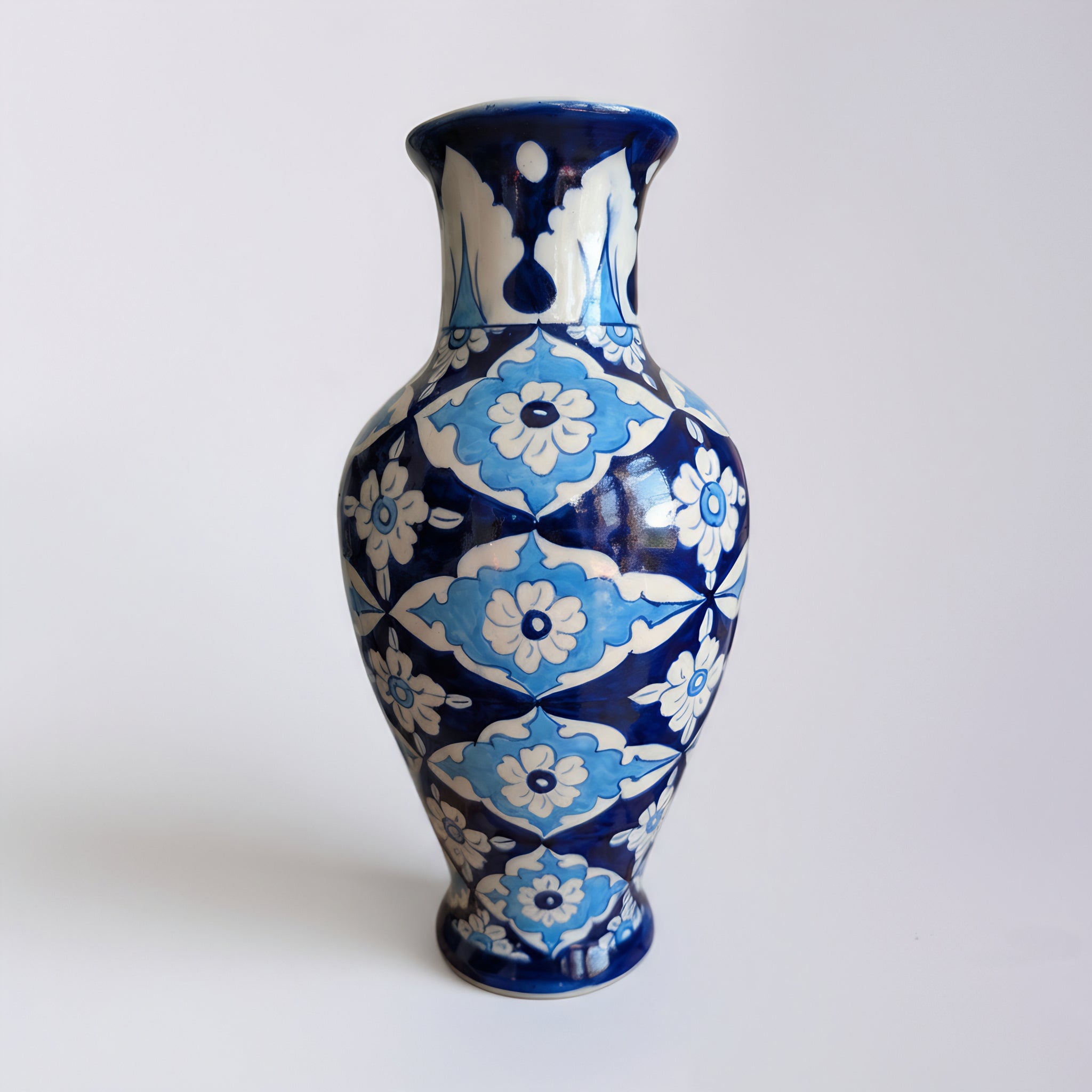 Iznik-Style Floral Blue Pottery Vase – 14 Inch