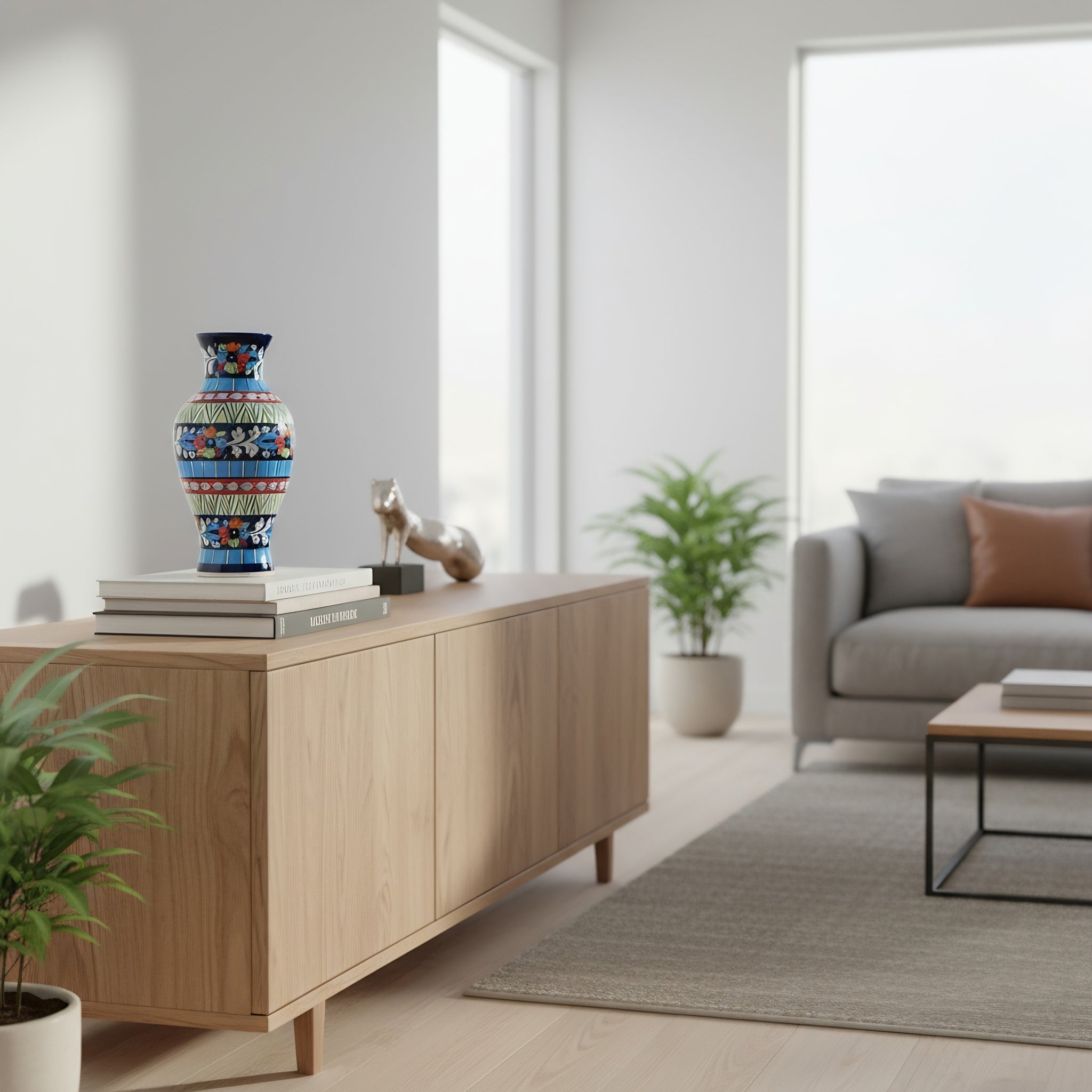 Multicolor Traditional Floral Blue Pottery Vase – 14 Inch